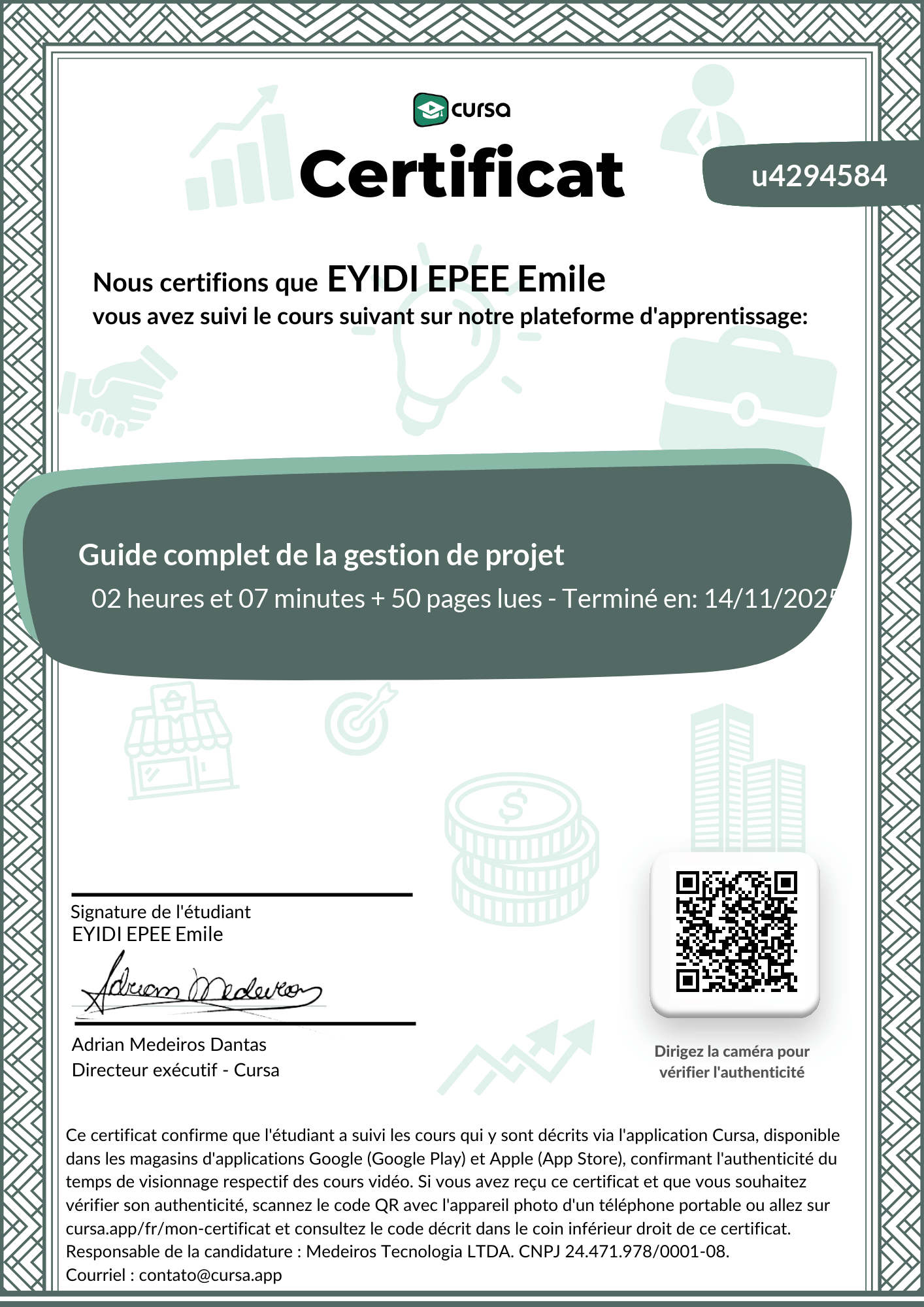 Image de mon certificat de fin de cours gratuit.
