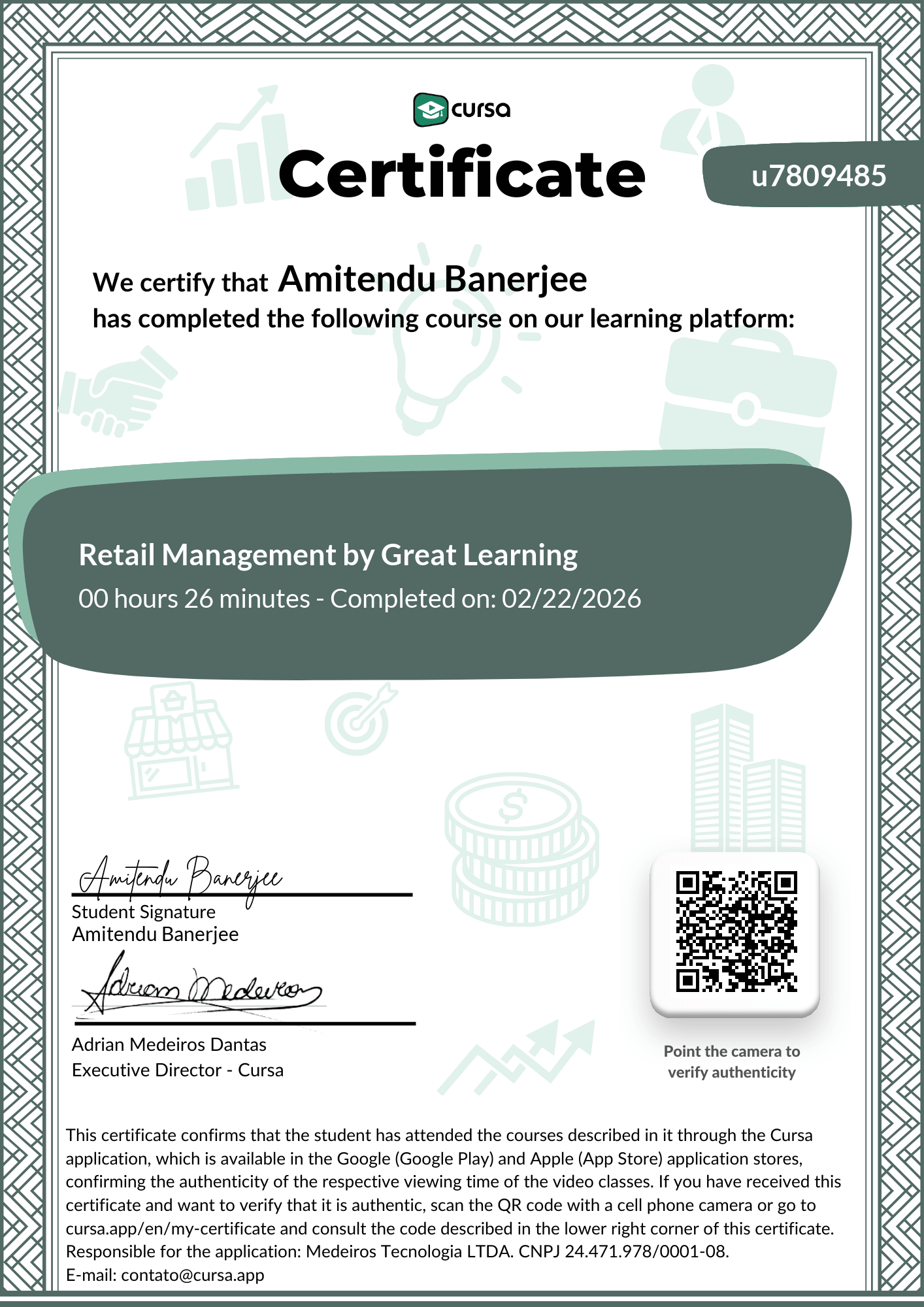 Image of my free Course Completion Certificate.