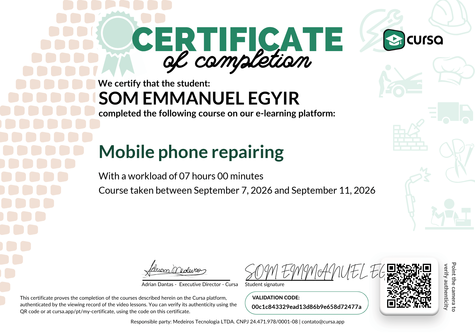 Image of my free Course Completion Certificate.