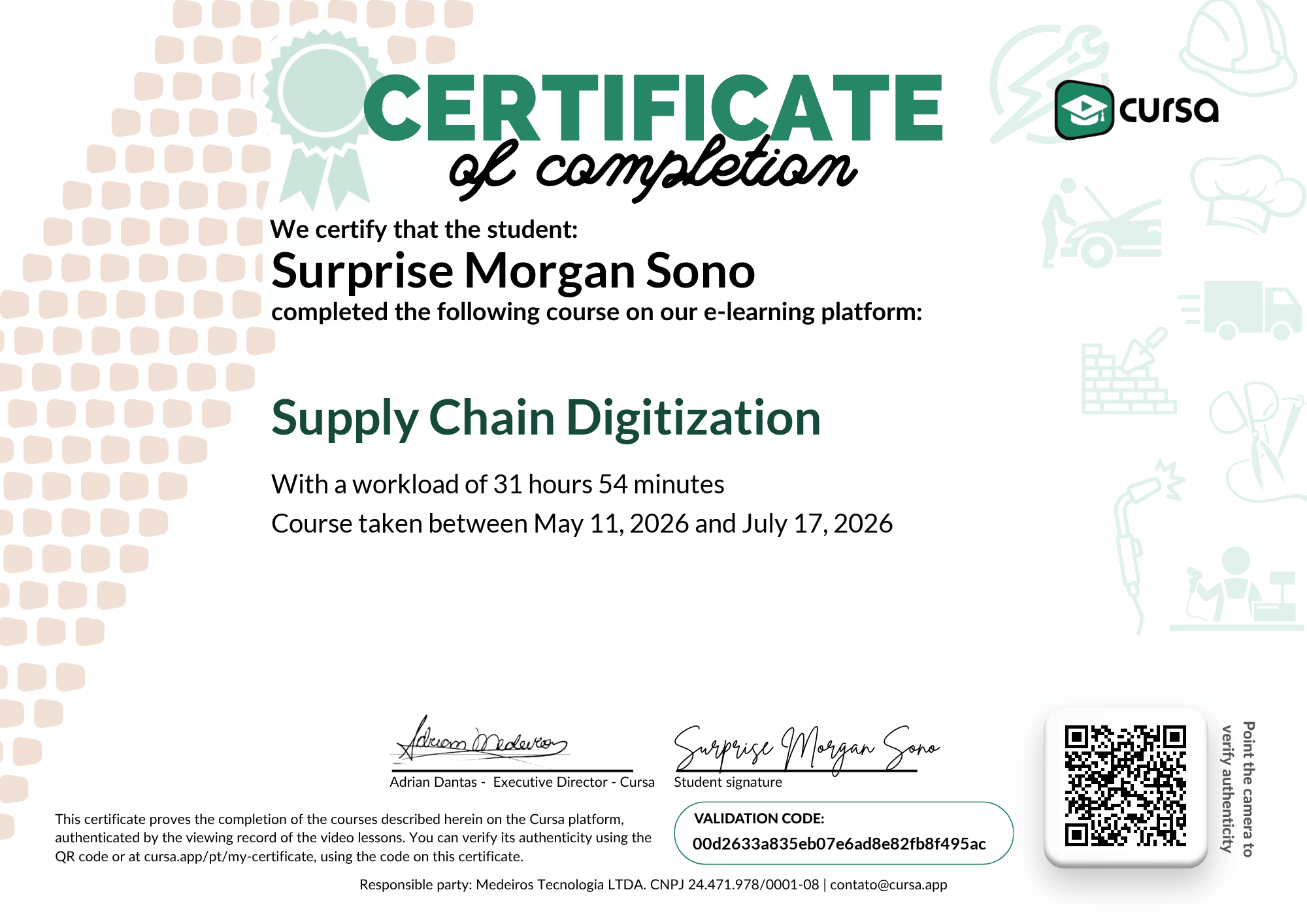 Image of my free Course Completion Certificate.
