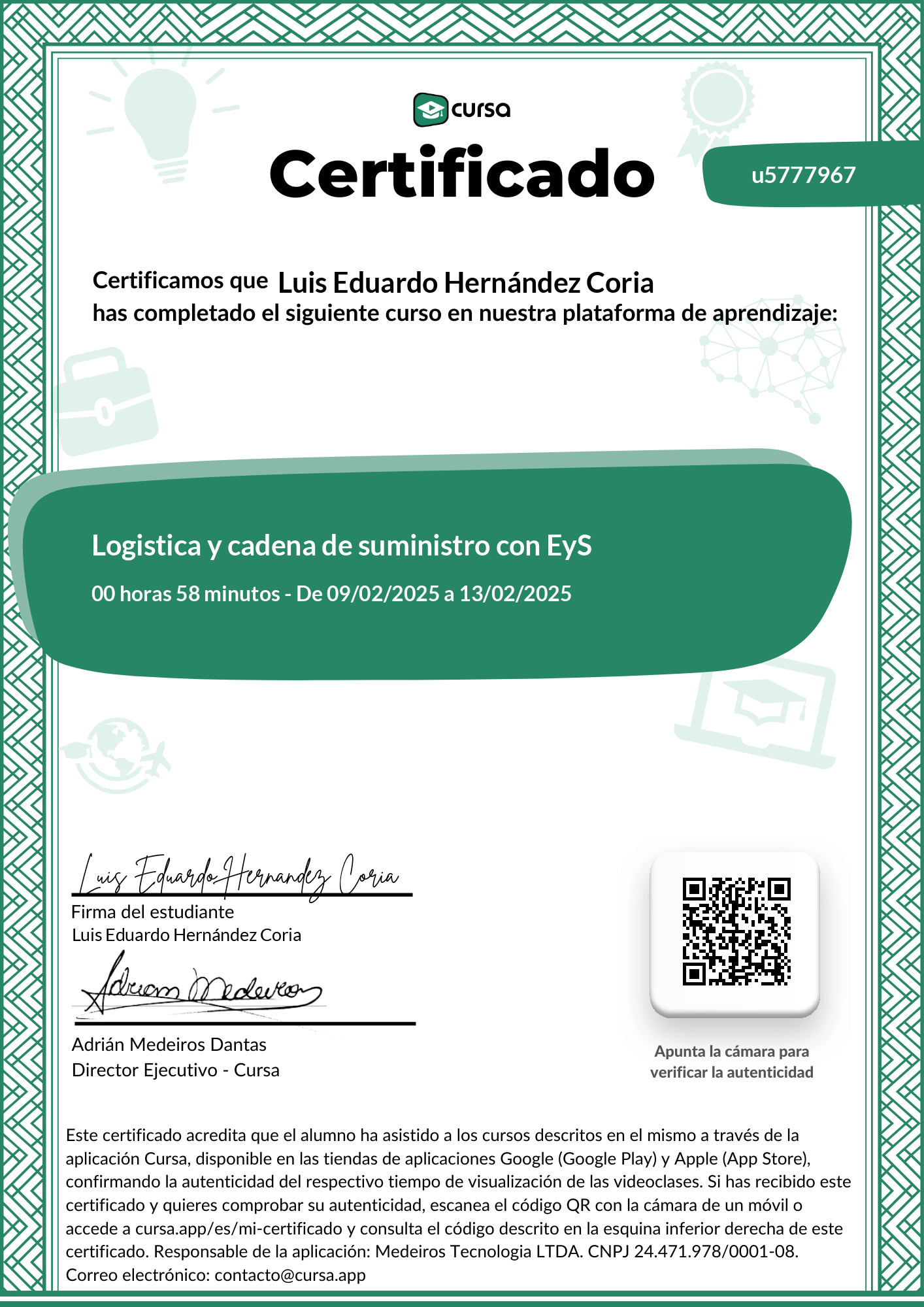 Imagen de mi Certificado de finalización del curso gratuito.