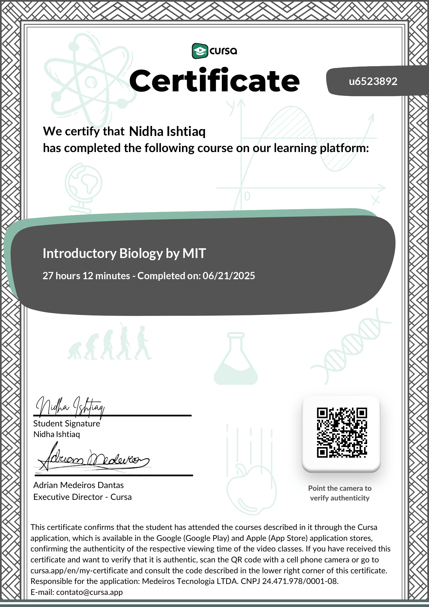 Image of my free Course Completion Certificate.