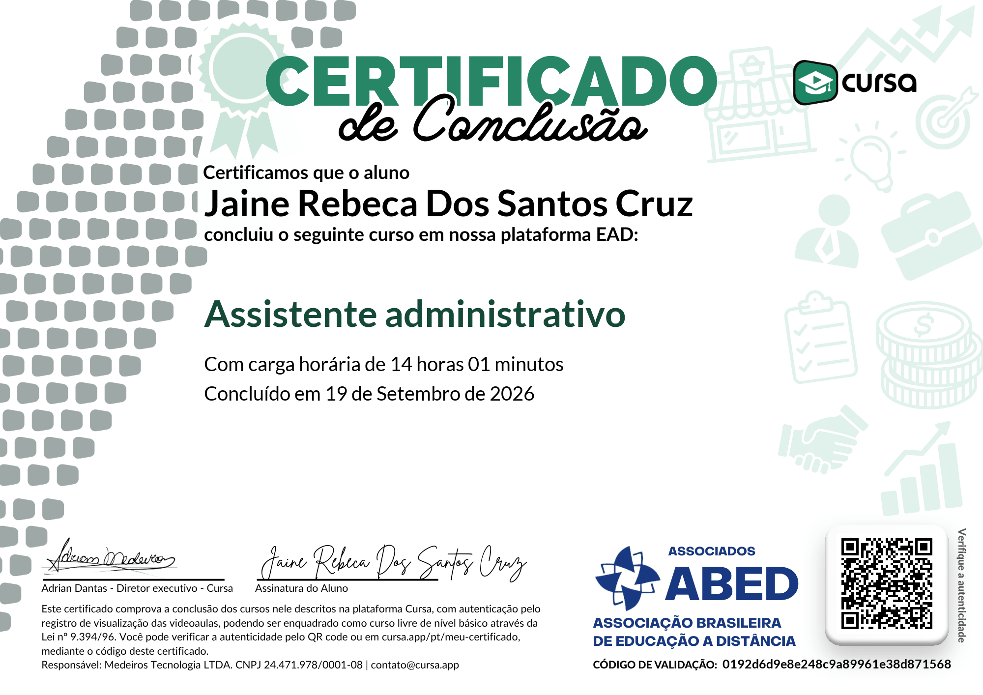 Imagem do meu Certificado gratuito de conclusão de curso.