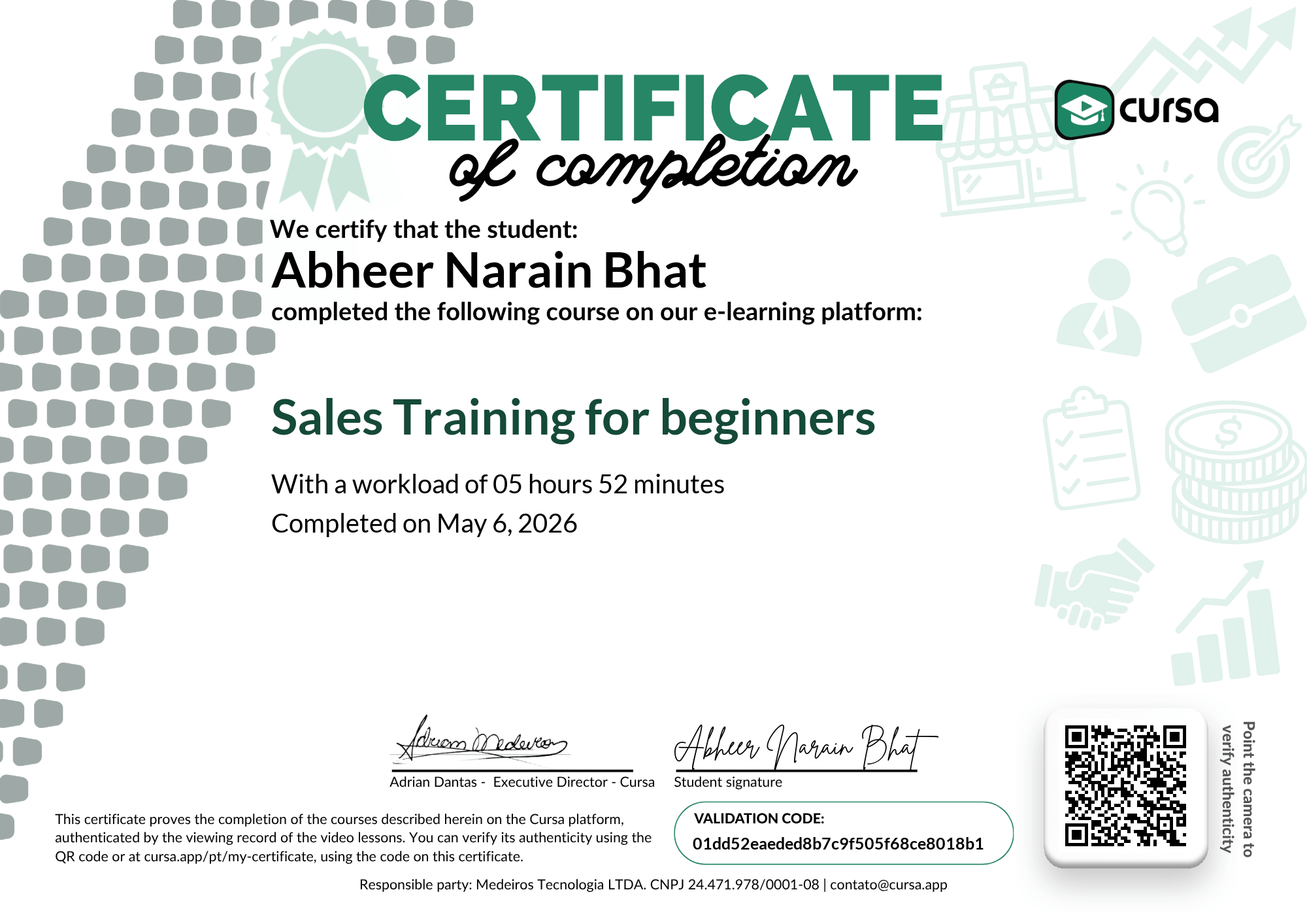 Image of my free Course Completion Certificate.