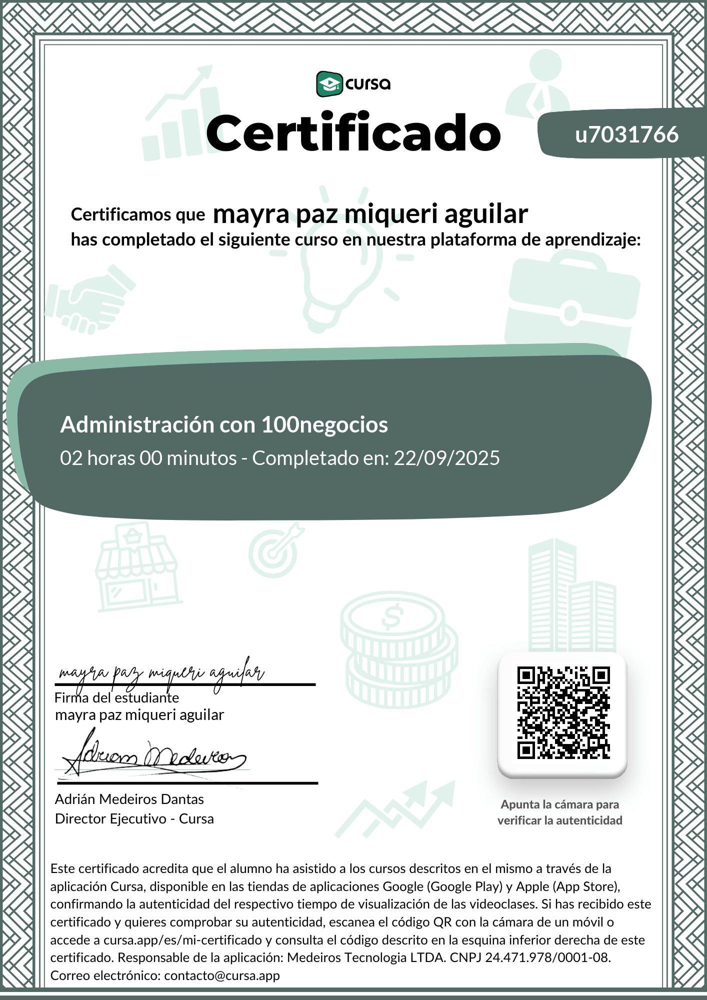 Imagen de mi Certificado de finalización del curso gratuito.