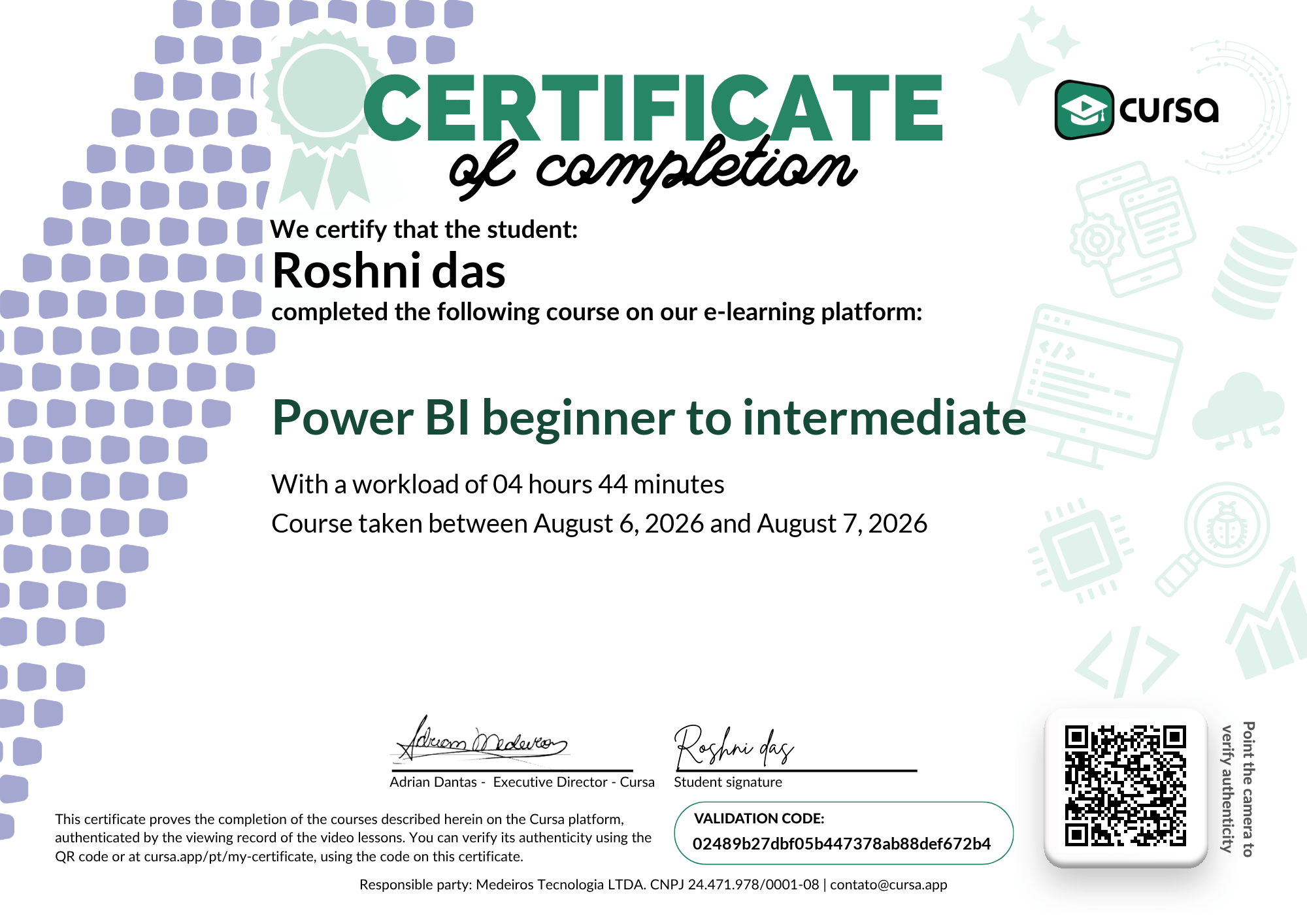 Image of my free Course Completion Certificate.