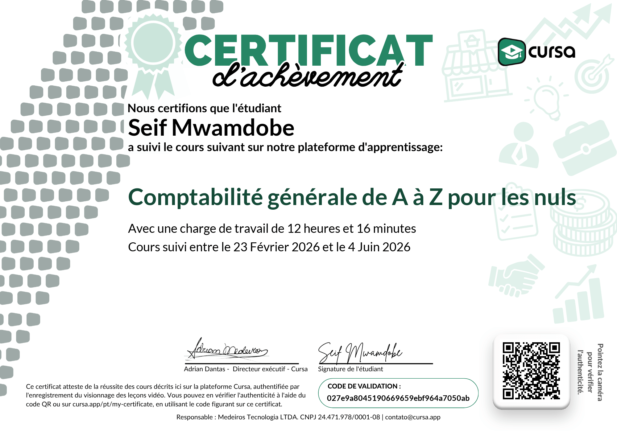 Image de mon certificat de fin de cours gratuit.