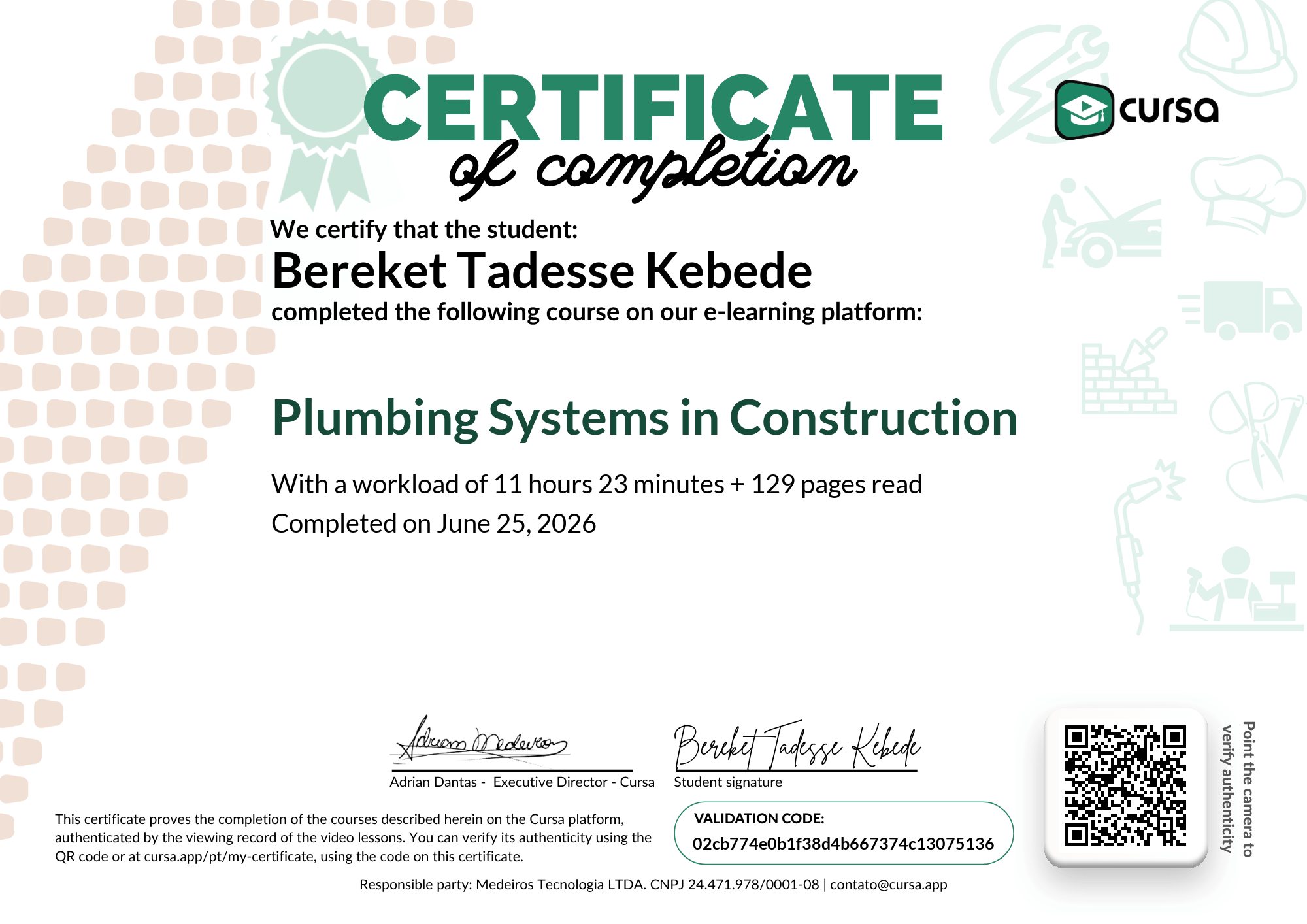Image of my free Course Completion Certificate.
