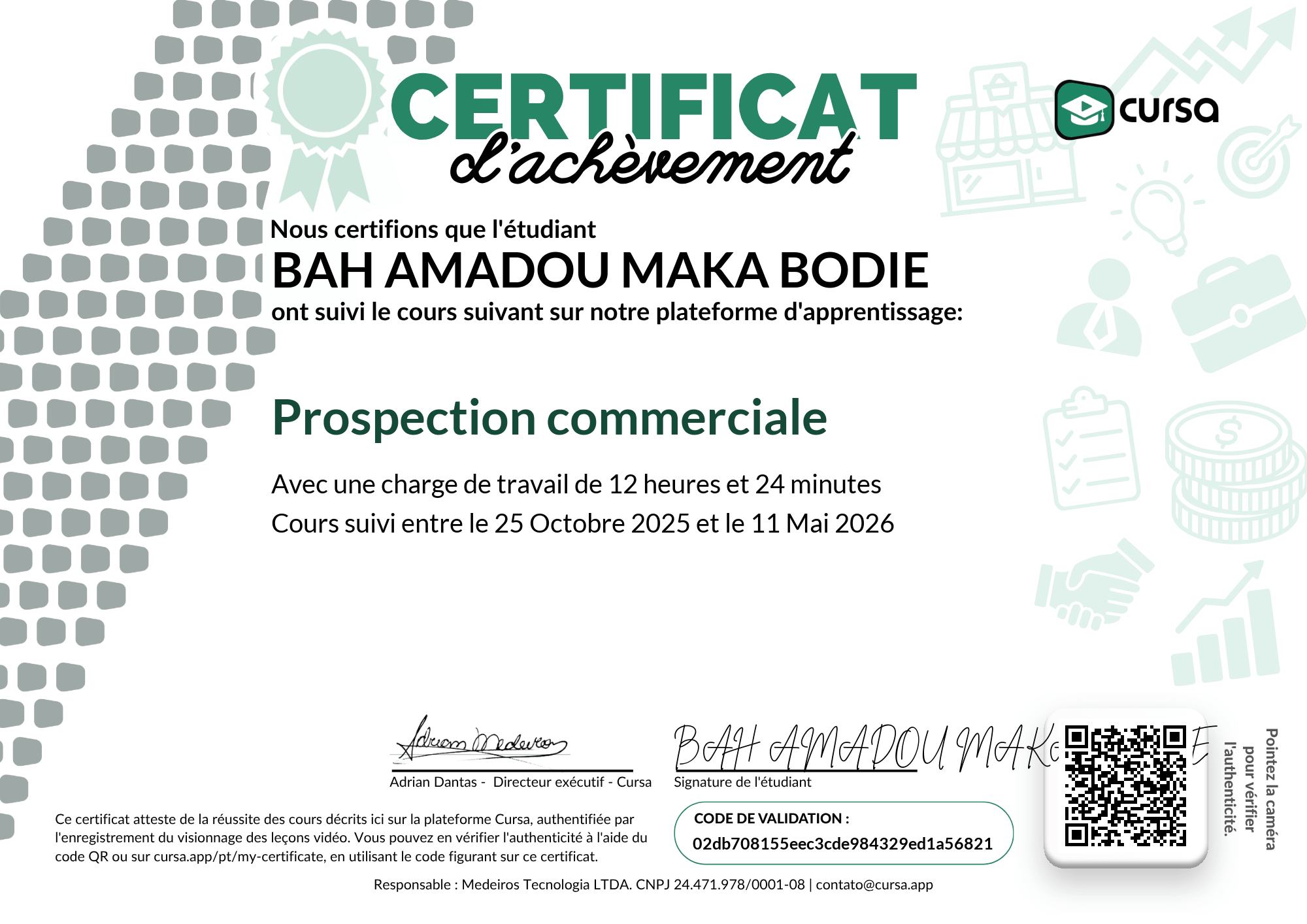 Image de mon certificat de fin de cours gratuit.