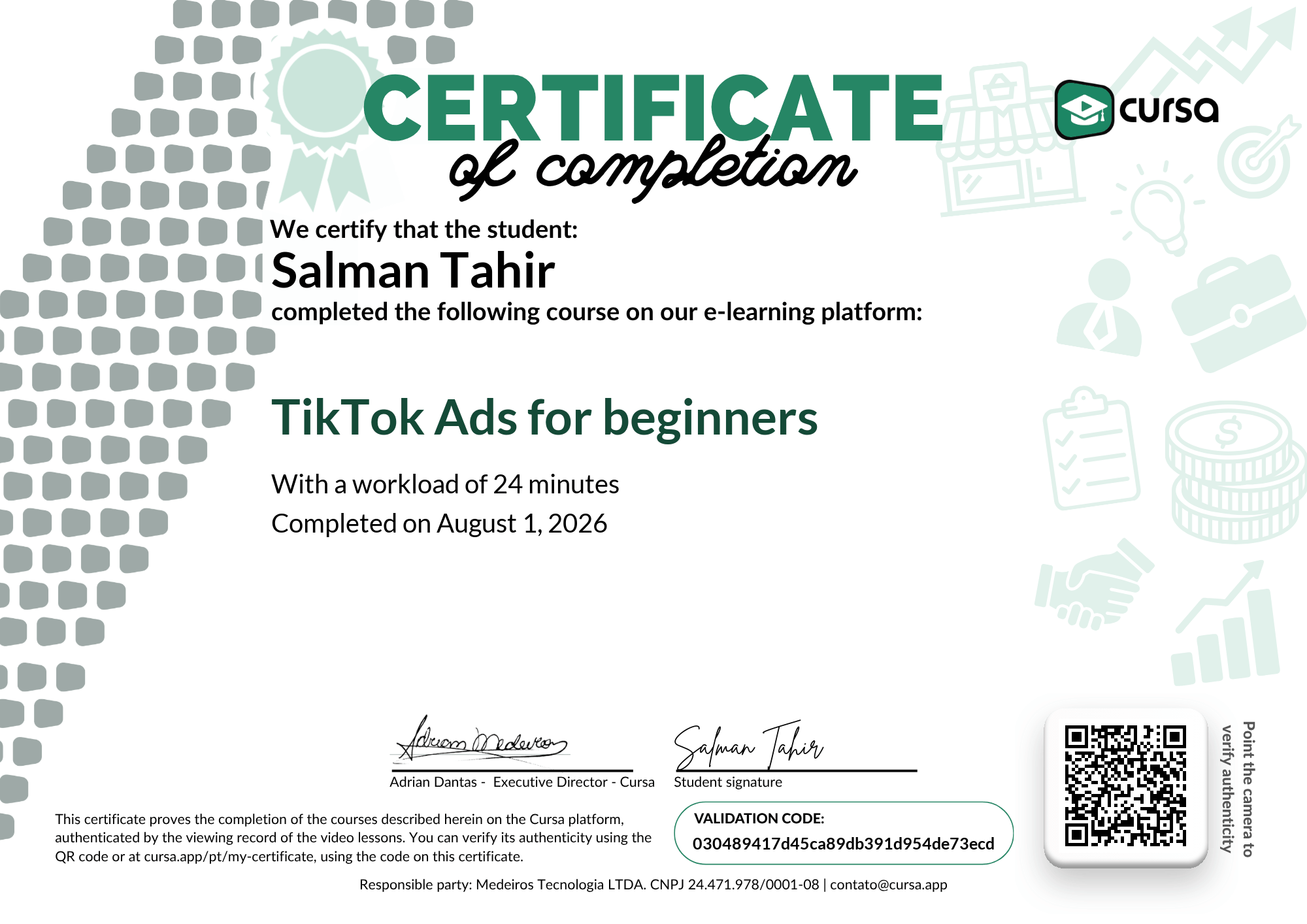 Image of my free Course Completion Certificate.
