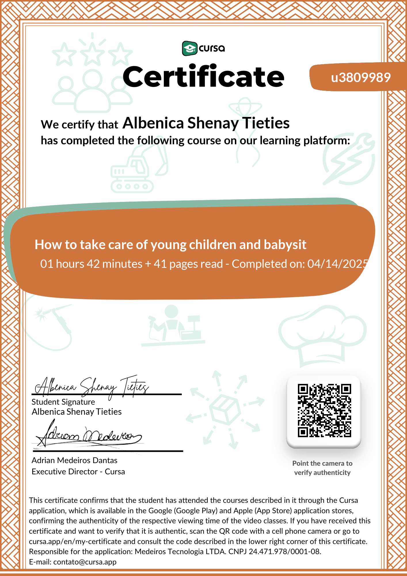Image of my free Course Completion Certificate.