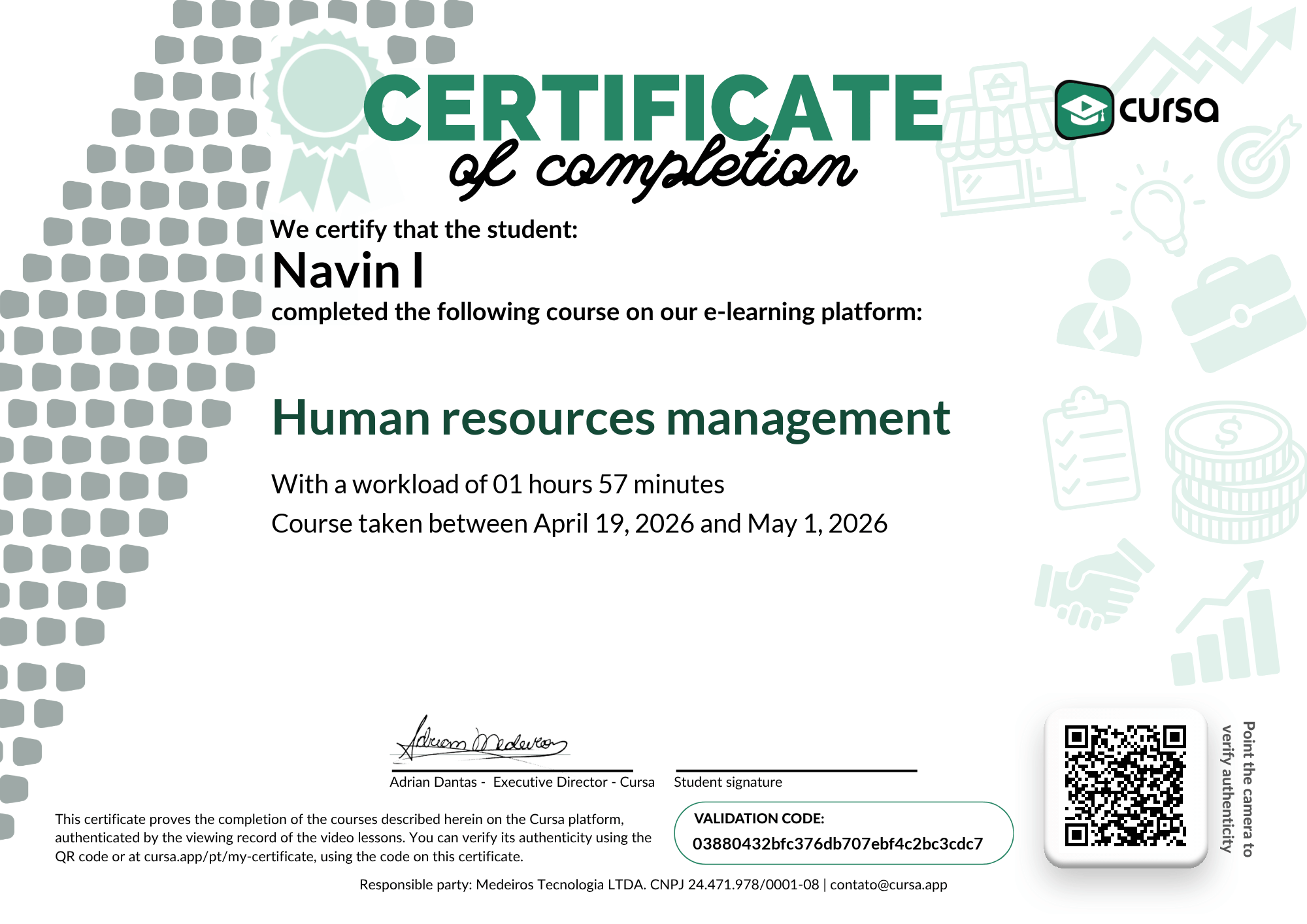 Image of my free Course Completion Certificate.