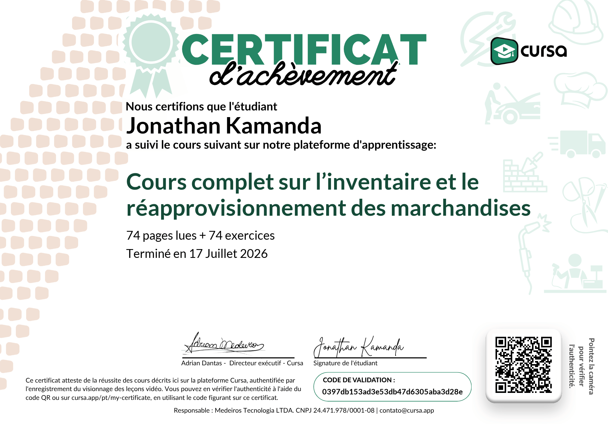 Image de mon certificat de fin de cours gratuit.