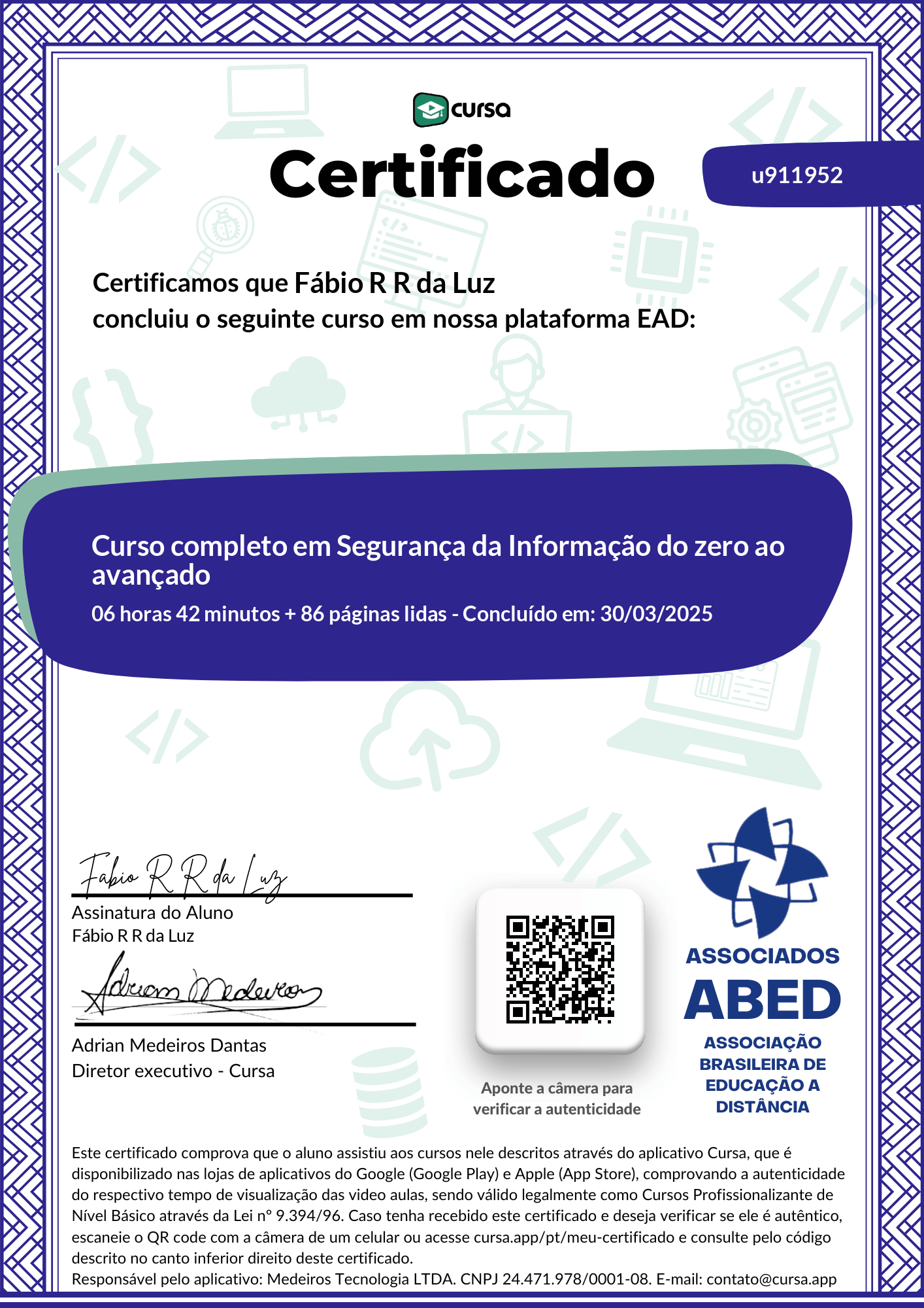 Imagem do meu Certificado gratuito de conclusão de curso.
