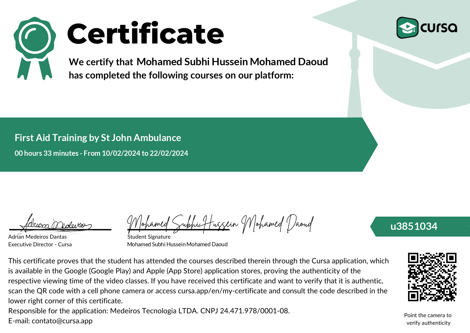 Image of my free Course Completion Certificate.