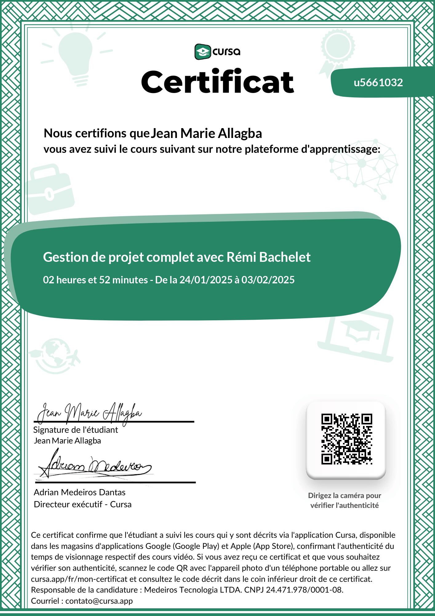 Image de mon certificat de fin de cours gratuit.