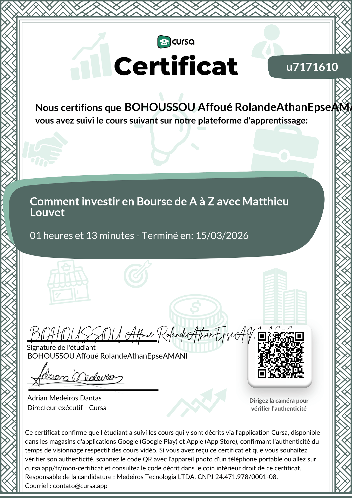 Image de mon certificat de fin de cours gratuit.