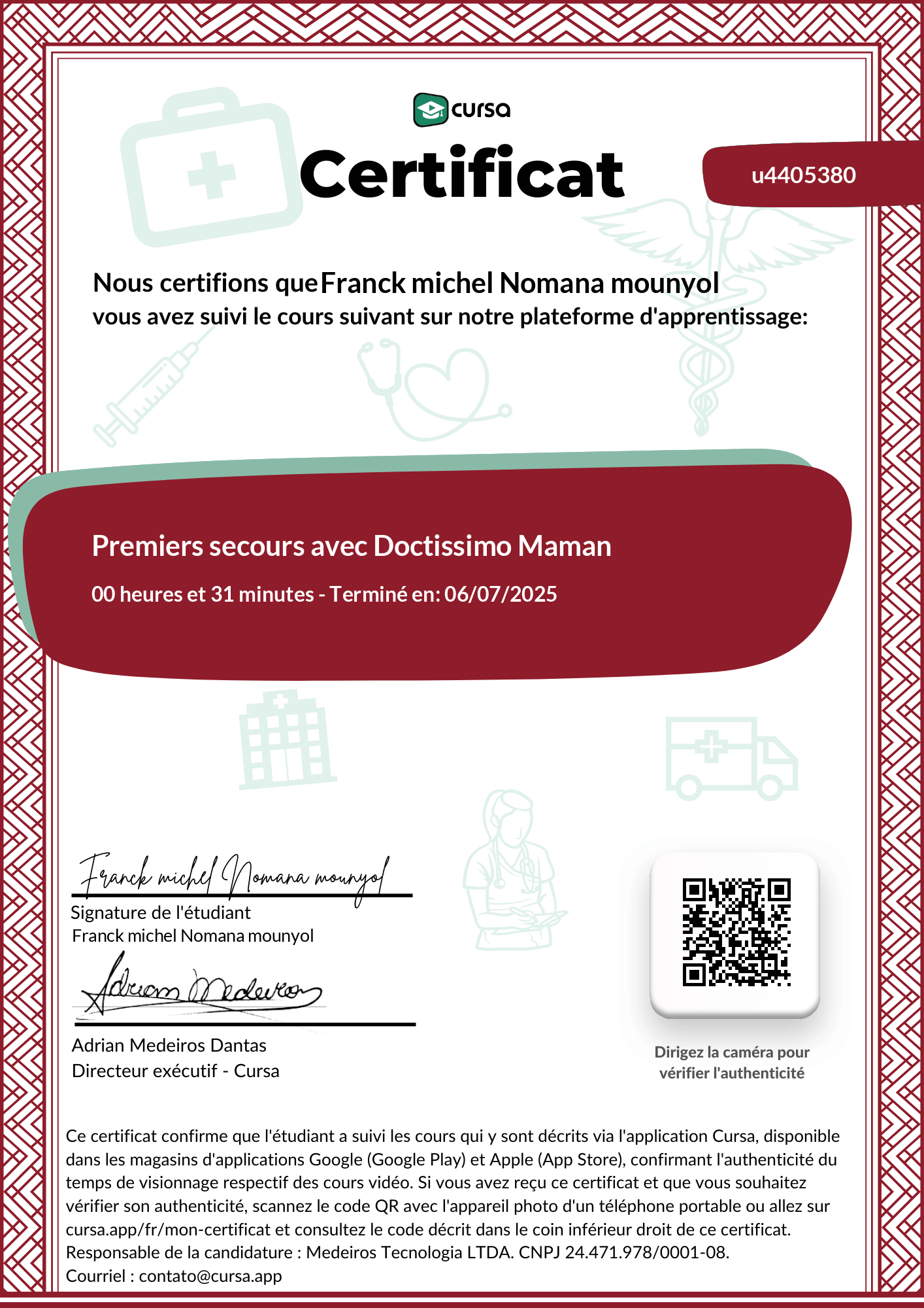 Image de mon certificat de fin de cours gratuit.