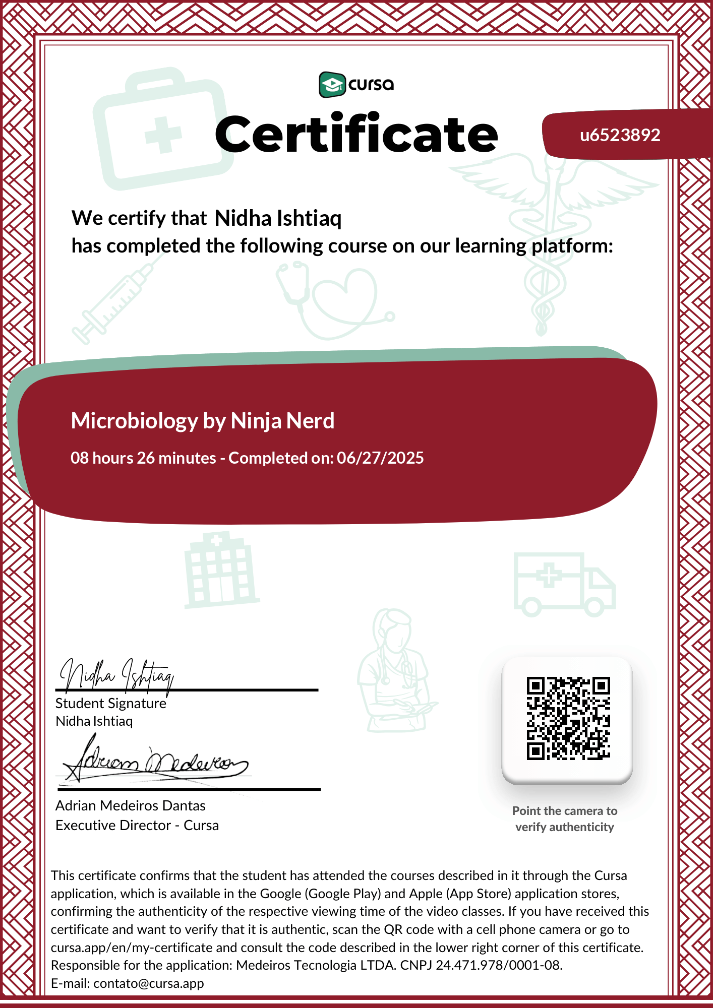 Image of my free Course Completion Certificate.