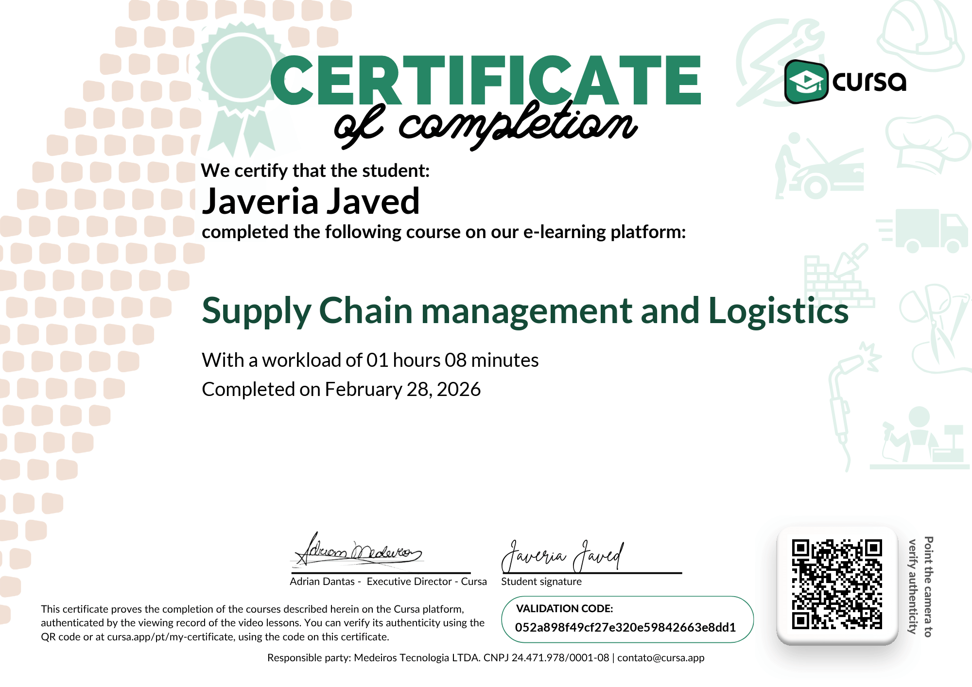 Image of my free Course Completion Certificate.