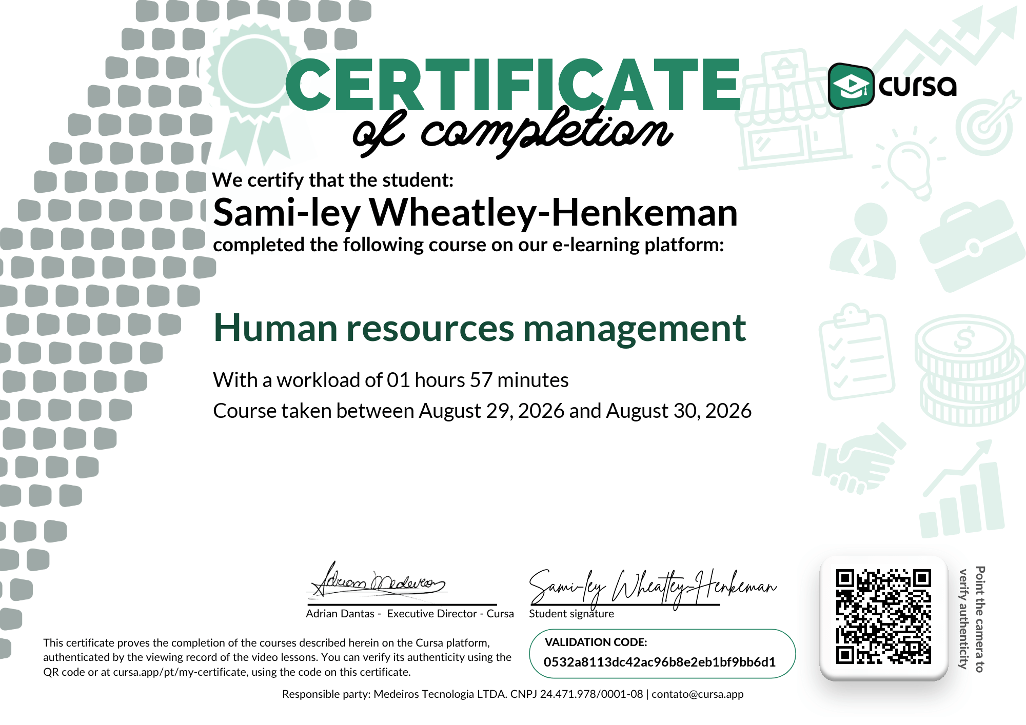Image of my free Course Completion Certificate.