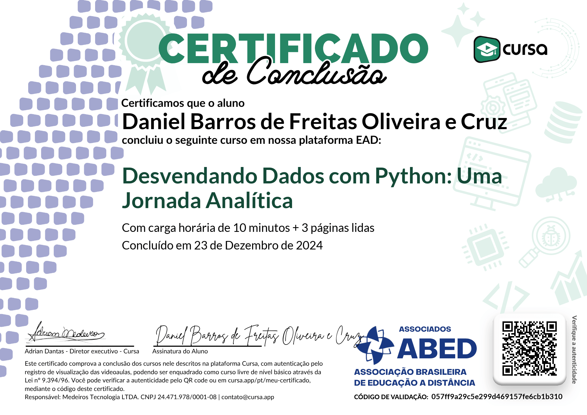 Imagem do meu Certificado gratuito de conclusão de curso.