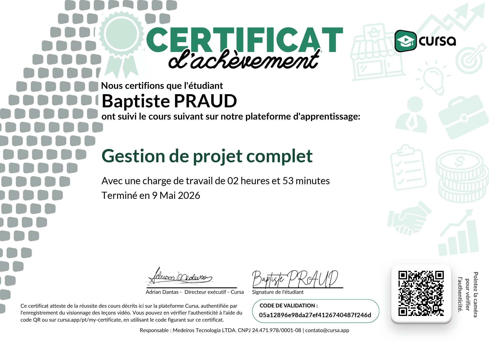Image de mon certificat de fin de cours gratuit.