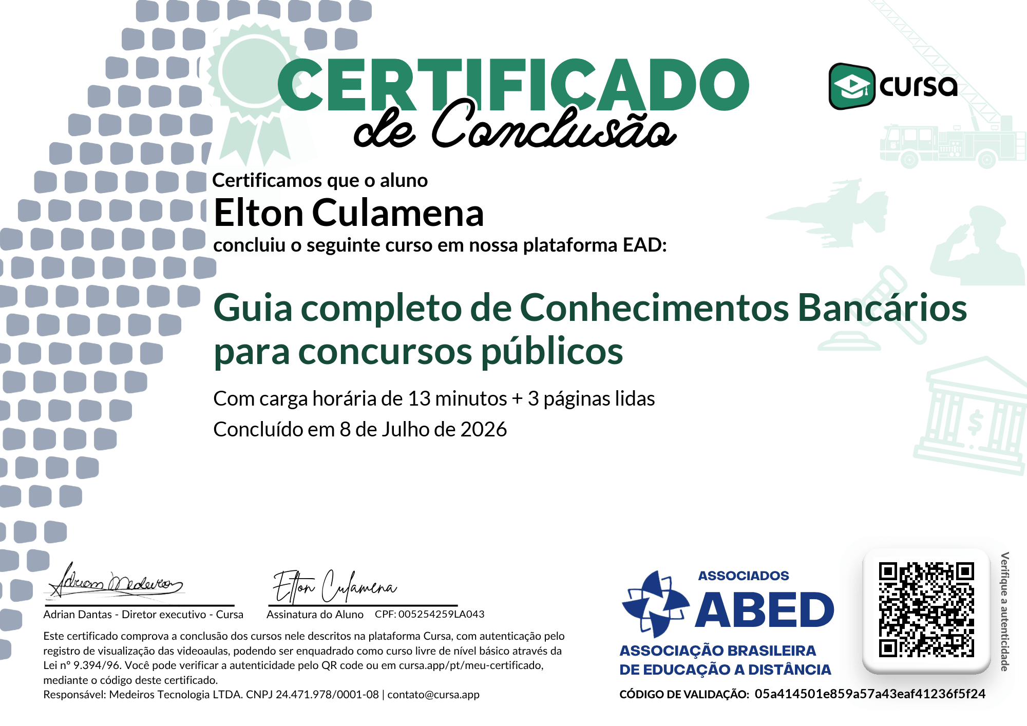 Imagem do meu Certificado gratuito de conclusão de curso.