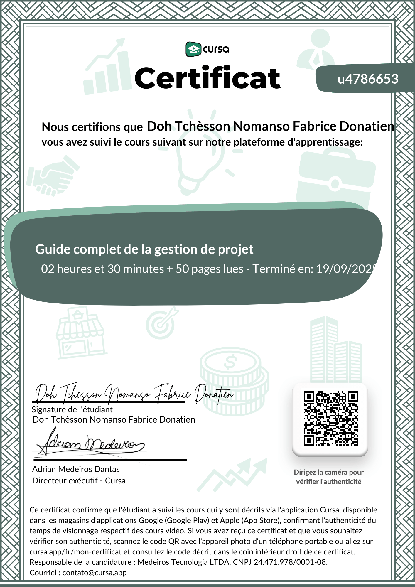 Image de mon certificat de fin de cours gratuit.