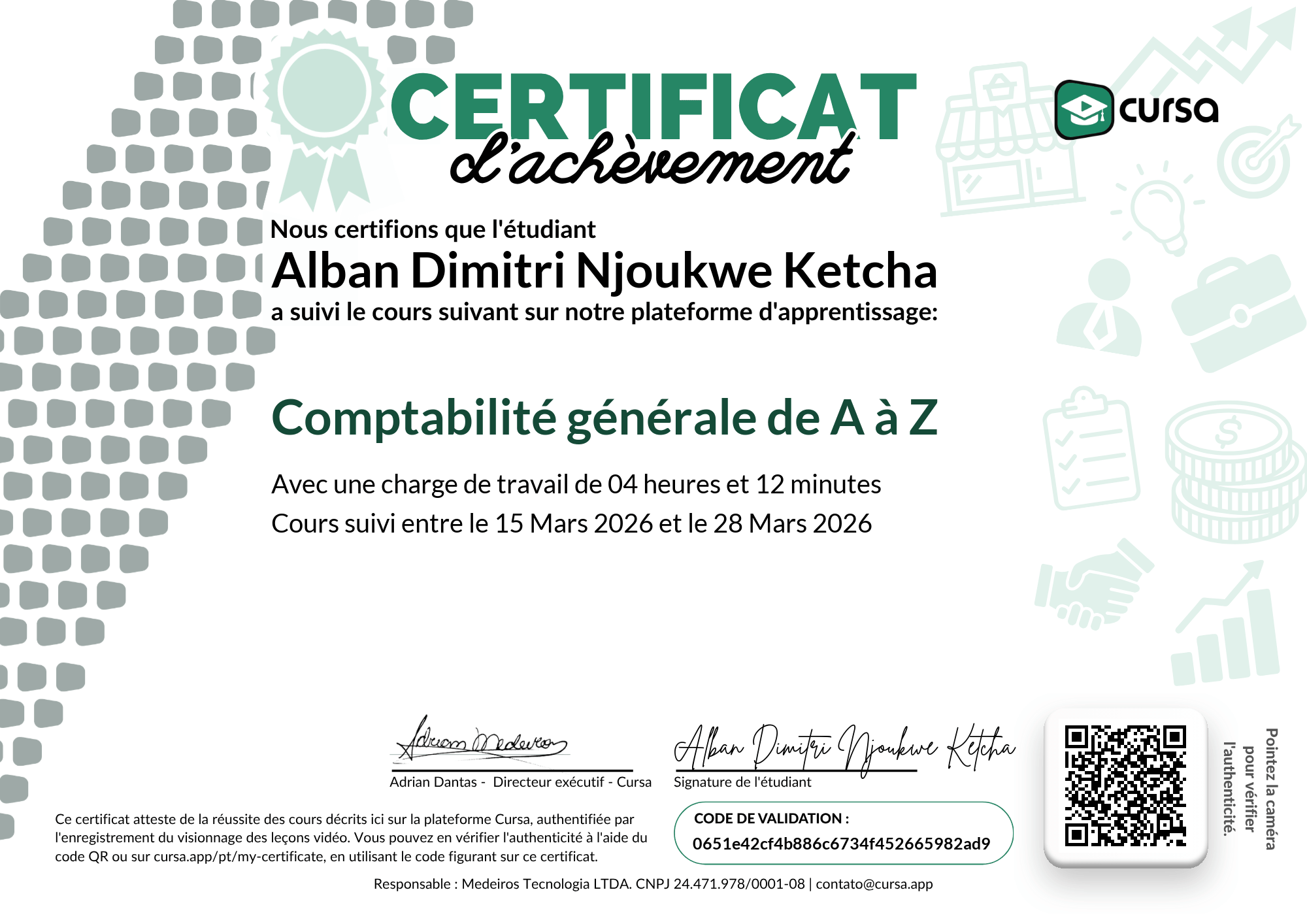 Image de mon certificat de fin de cours gratuit.