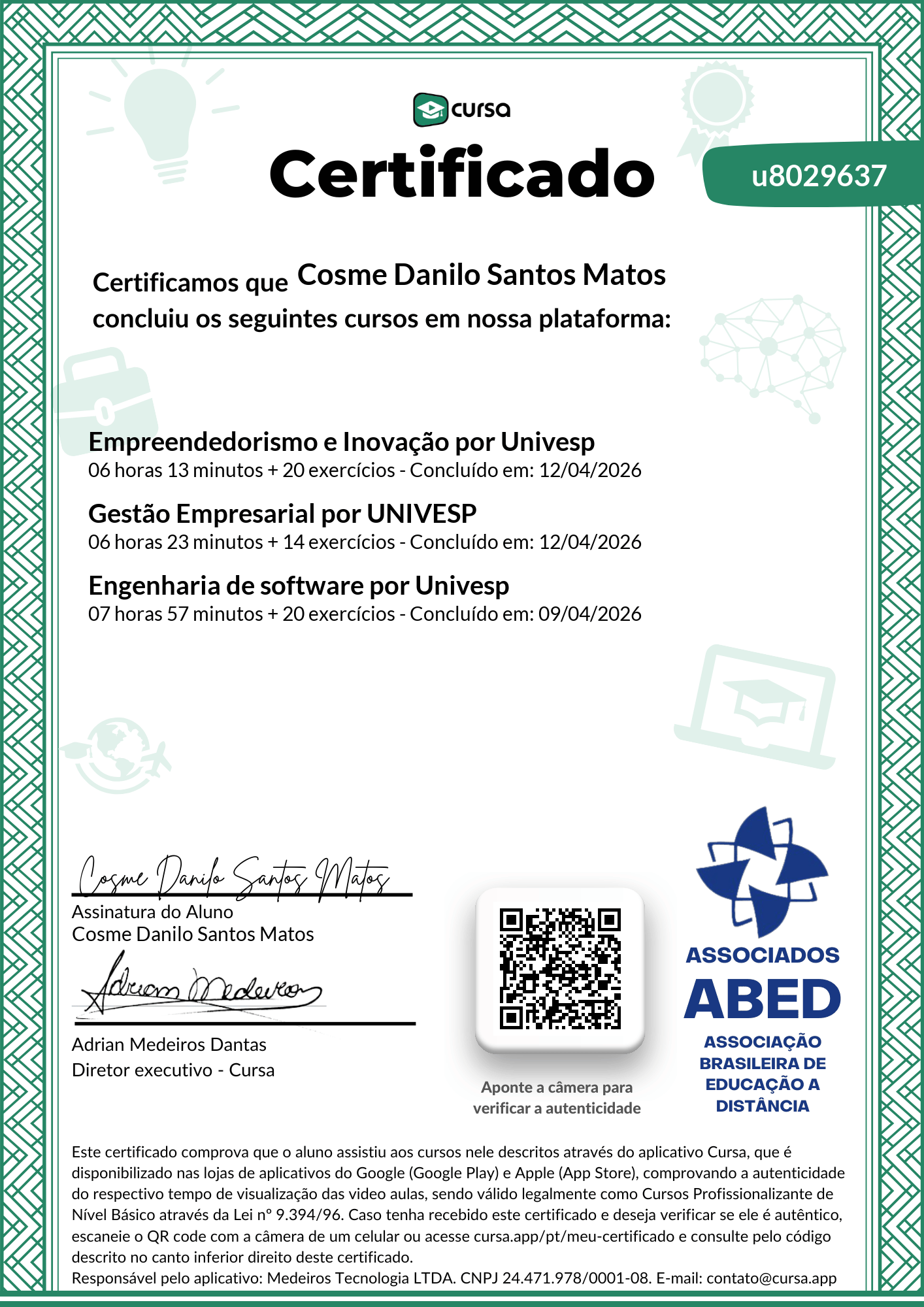Imagem do meu Certificado gratuito de conclusão de curso.