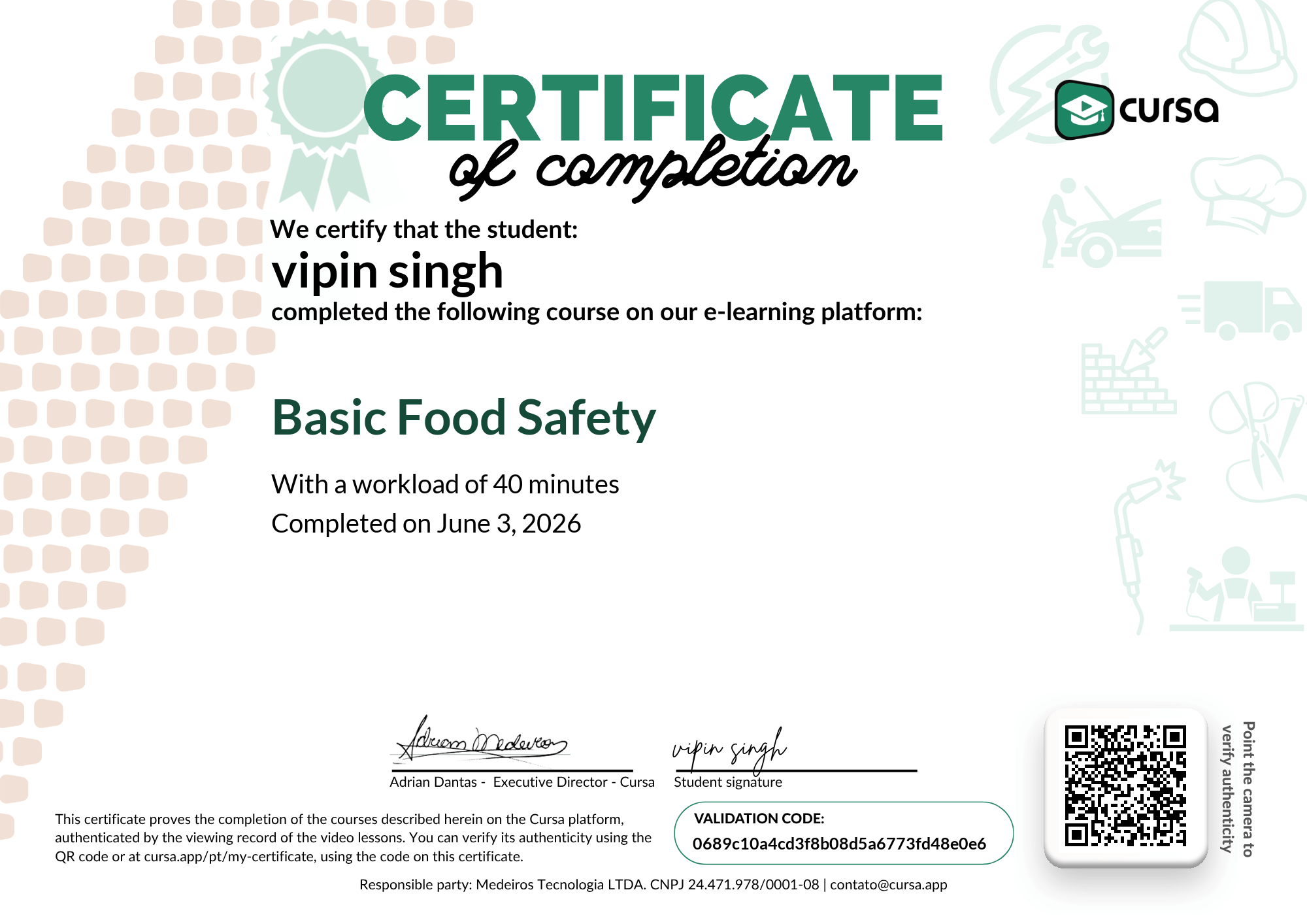 Image of my free Course Completion Certificate.
