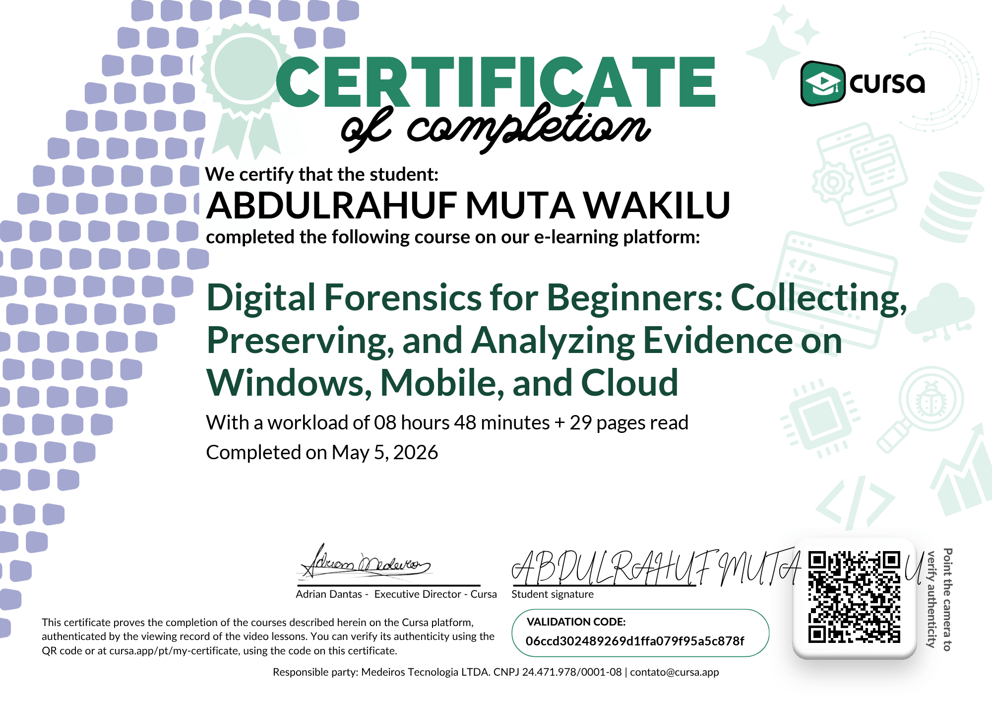 Image of my free Course Completion Certificate.