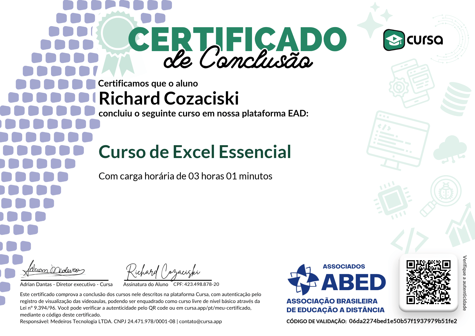 Imagem do meu Certificado gratuito de conclusão de curso.