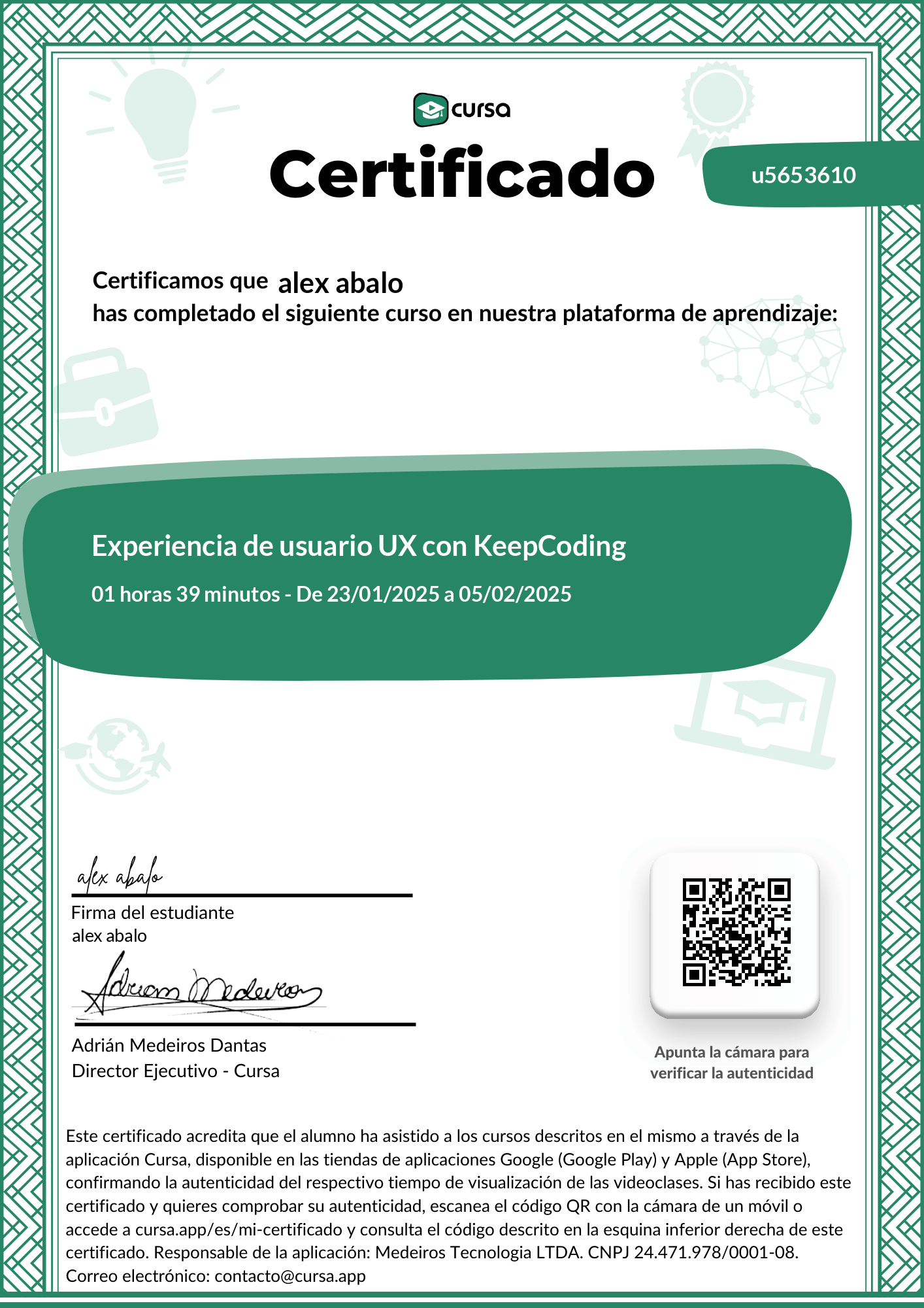 Imagen de mi Certificado de finalización del curso gratuito.