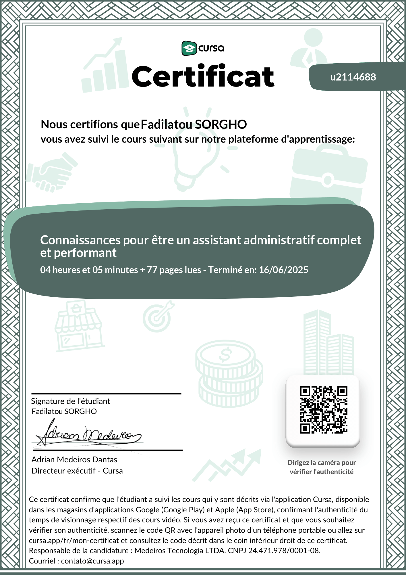 Image de mon certificat de fin de cours gratuit.