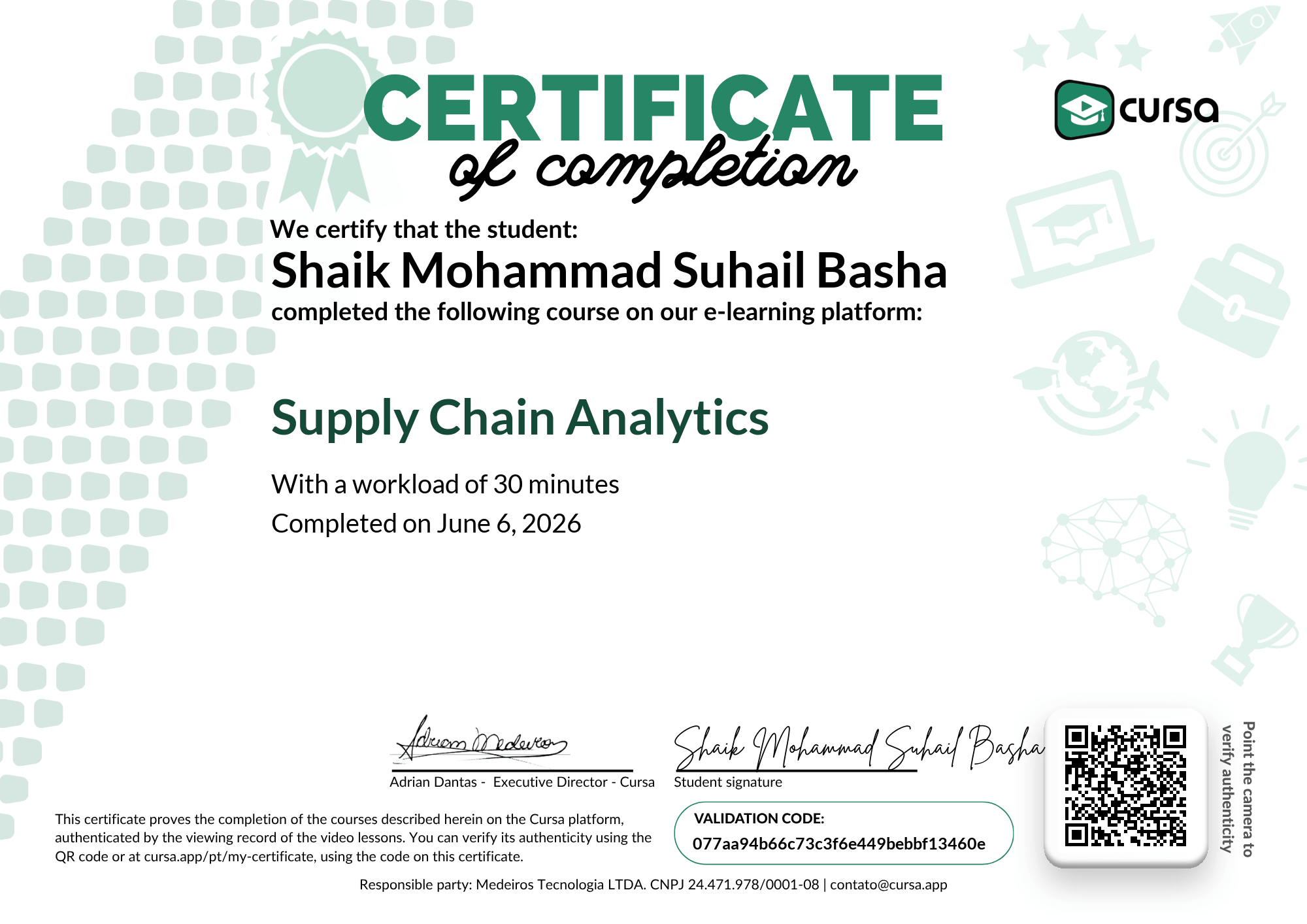 Image of my free Course Completion Certificate.