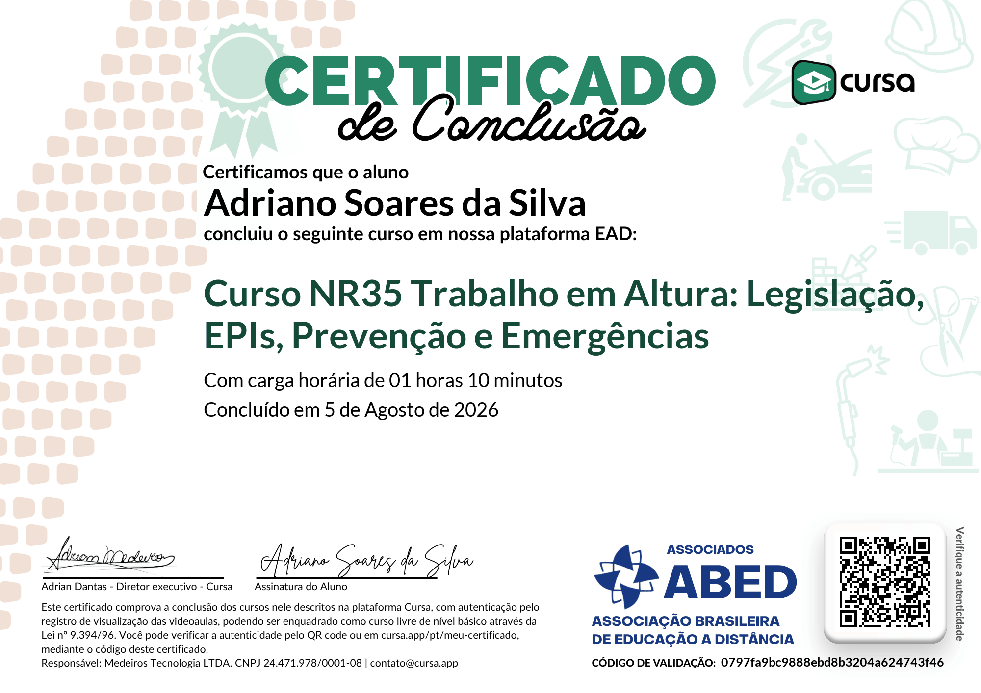 Imagem do meu Certificado gratuito de conclusão de curso.