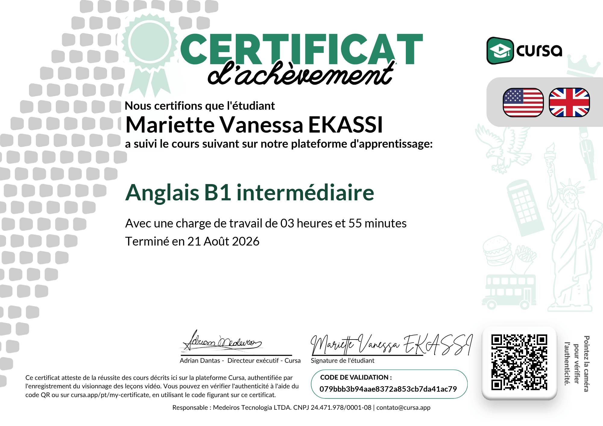 Image de mon certificat de fin de cours gratuit.