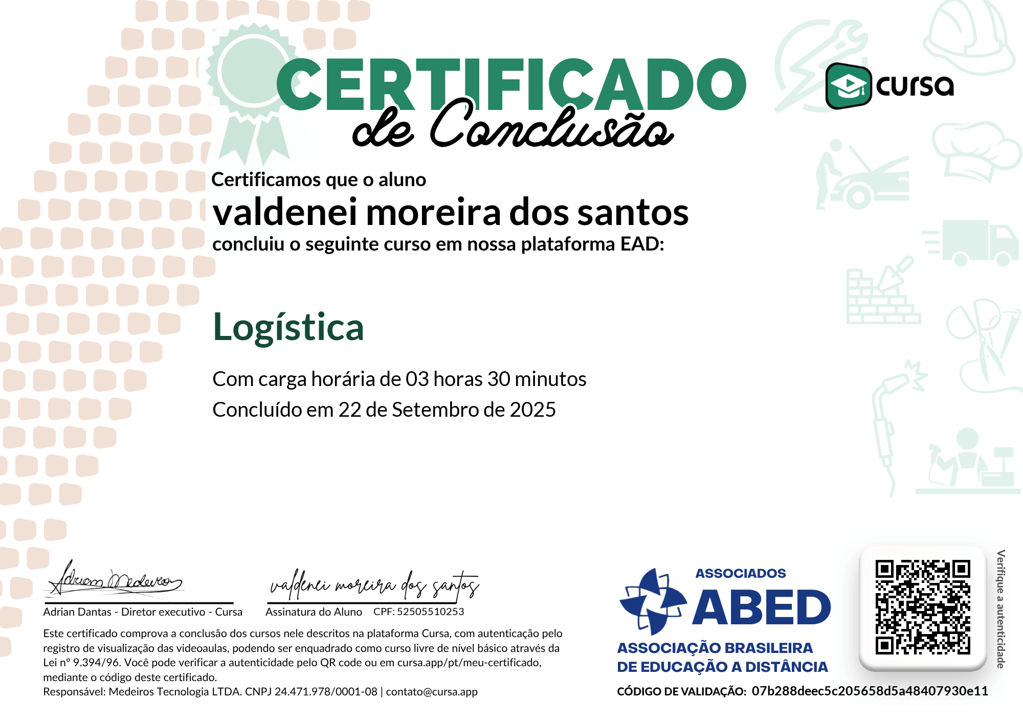 Imagem do meu Certificado gratuito de conclusão de curso.