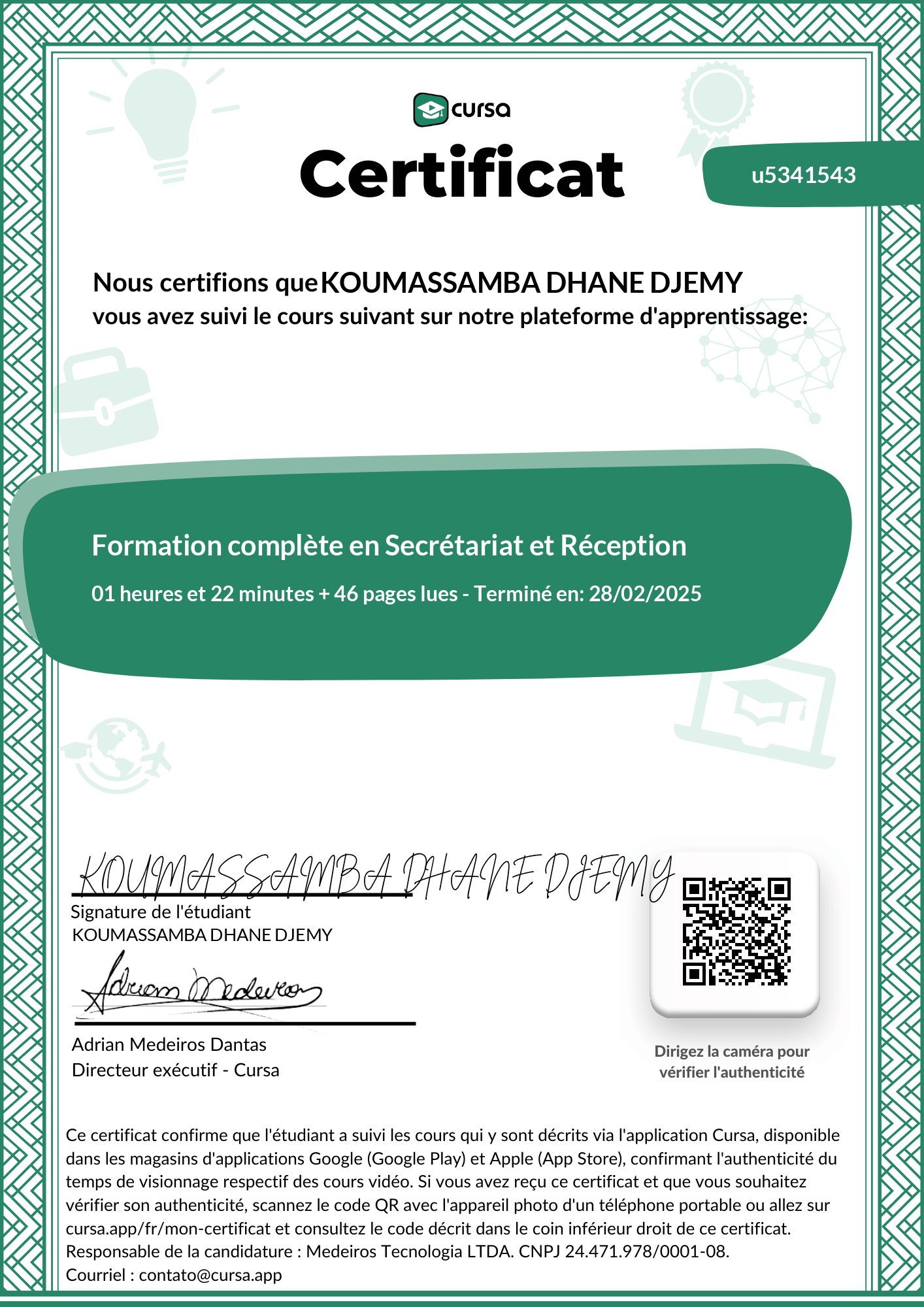 Image de mon certificat de fin de cours gratuit.