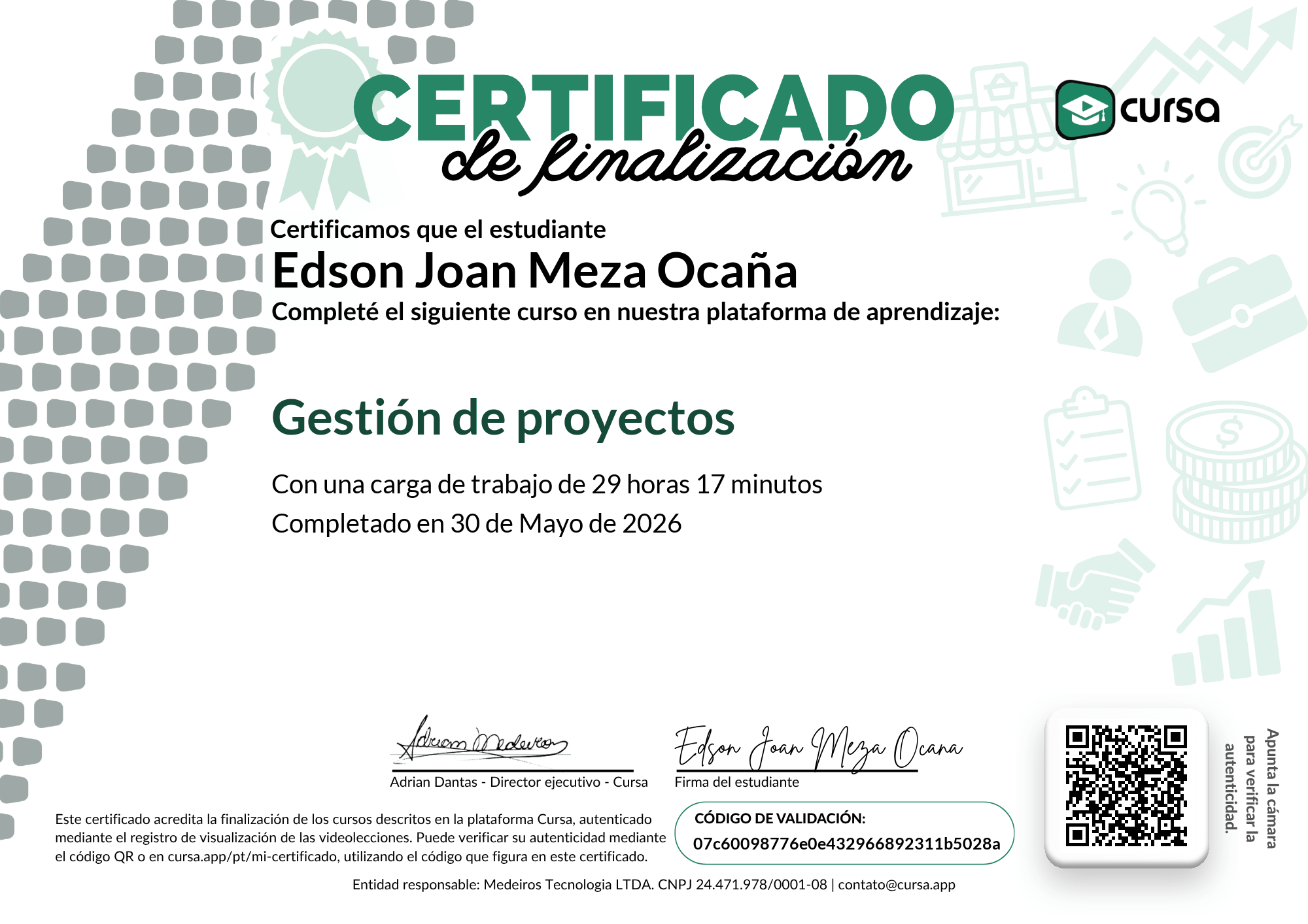 Imagen de mi Certificado de finalización del curso gratuito.