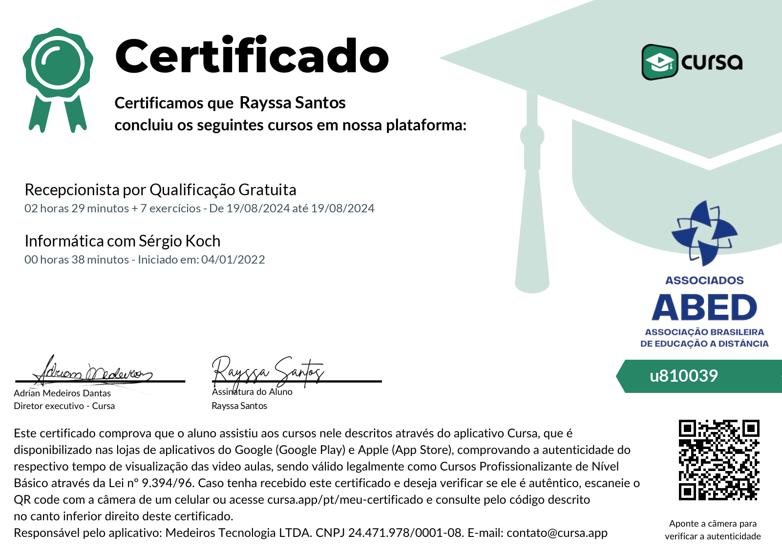Imagem do meu Certificado gratuito de conclusão de curso.