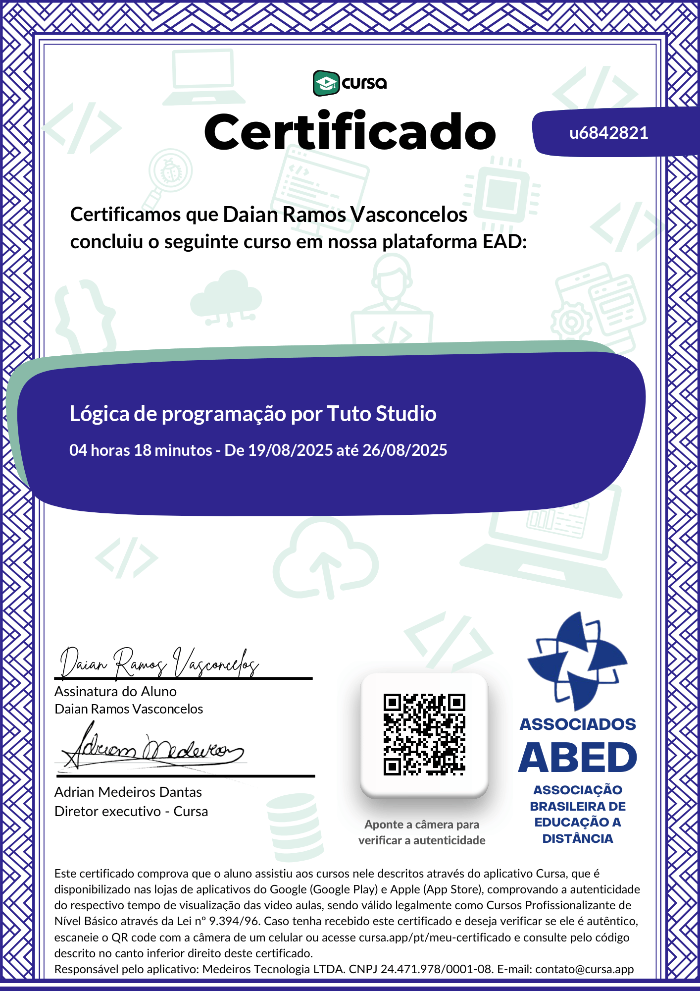 Imagem do meu Certificado gratuito de conclusão de curso.