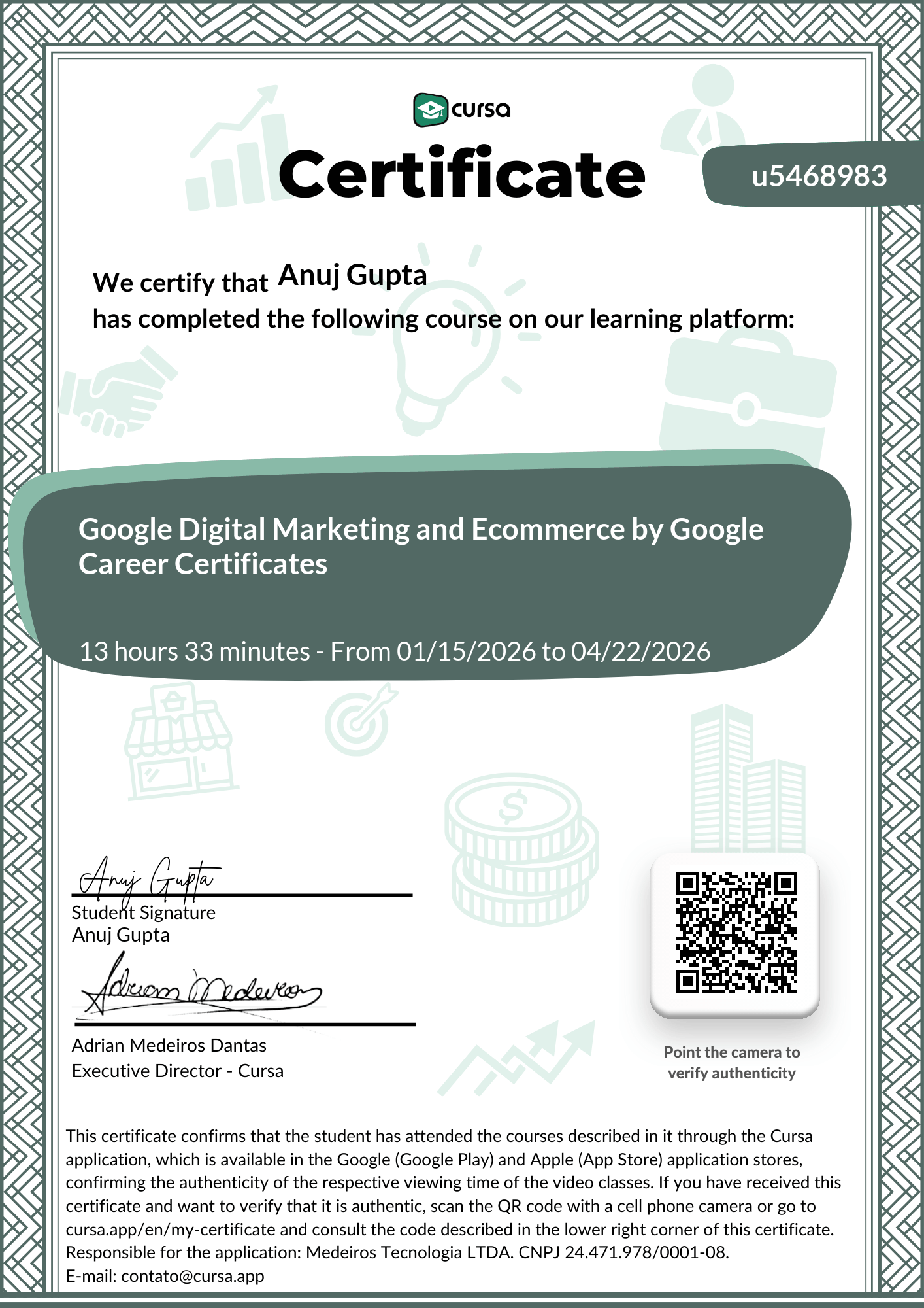 Image of my free Course Completion Certificate.