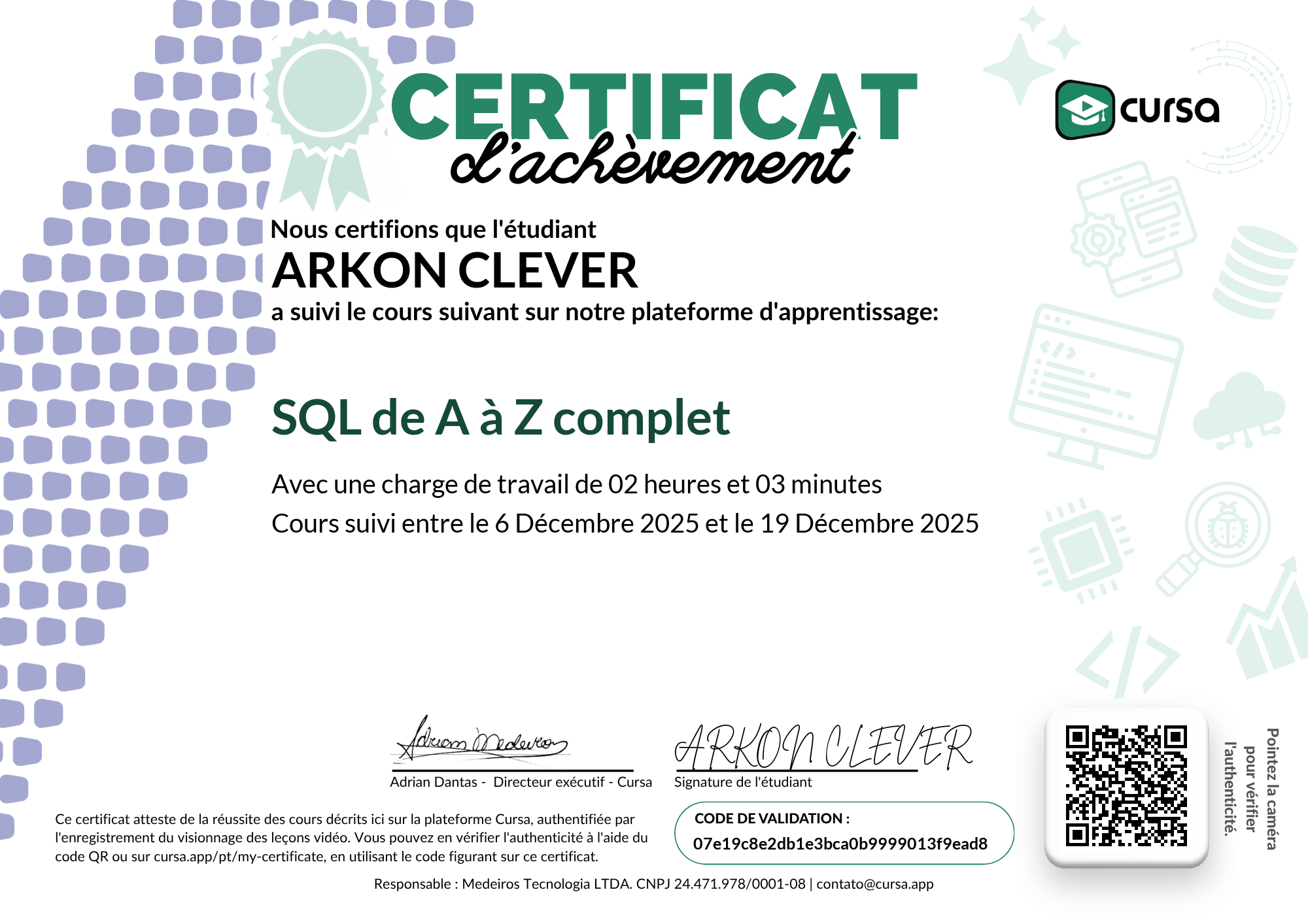 Image de mon certificat de fin de cours gratuit.