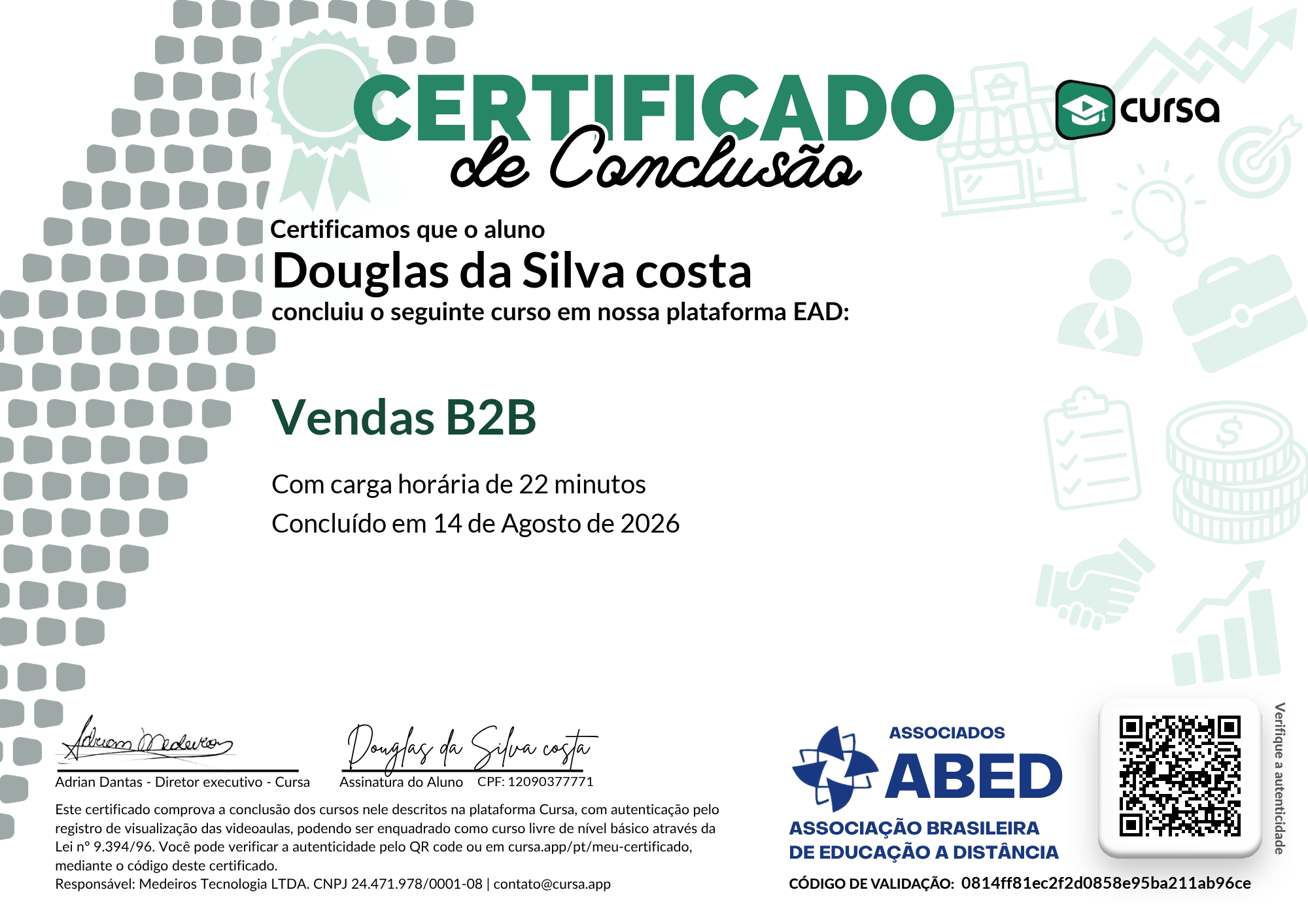Imagem do meu Certificado gratuito de conclusão de curso.