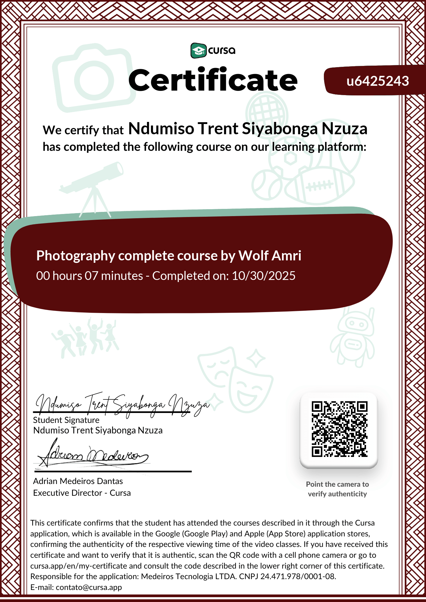 Image of my free Course Completion Certificate.
