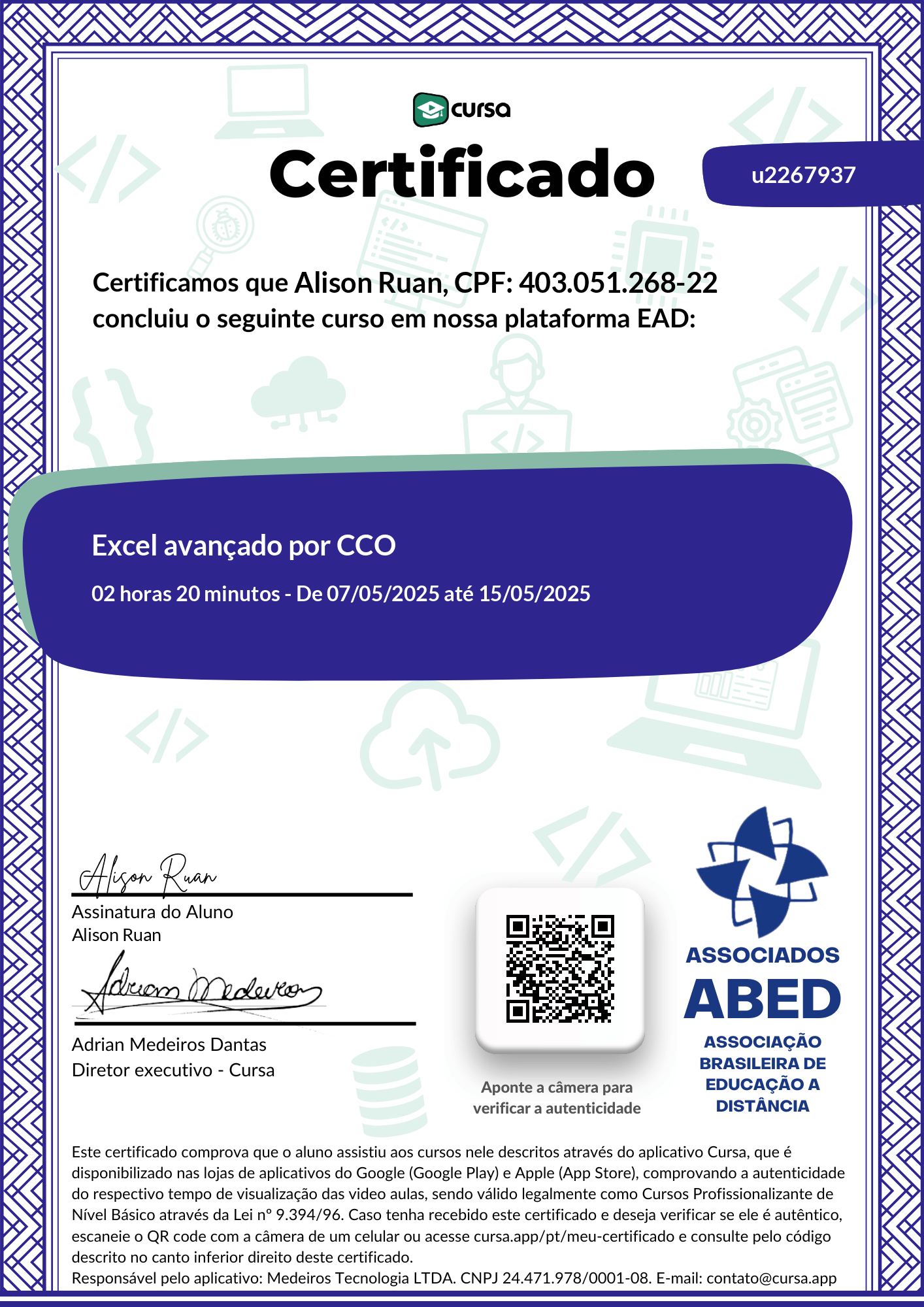 Imagem do meu Certificado gratuito de conclusão de curso.