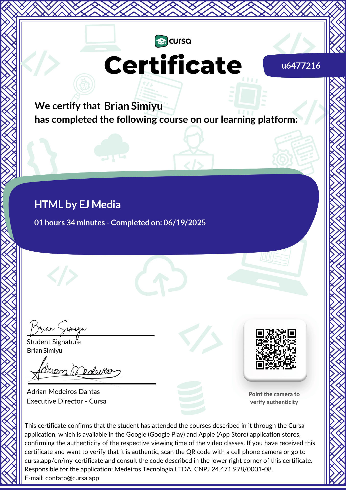 Image of my free Course Completion Certificate.